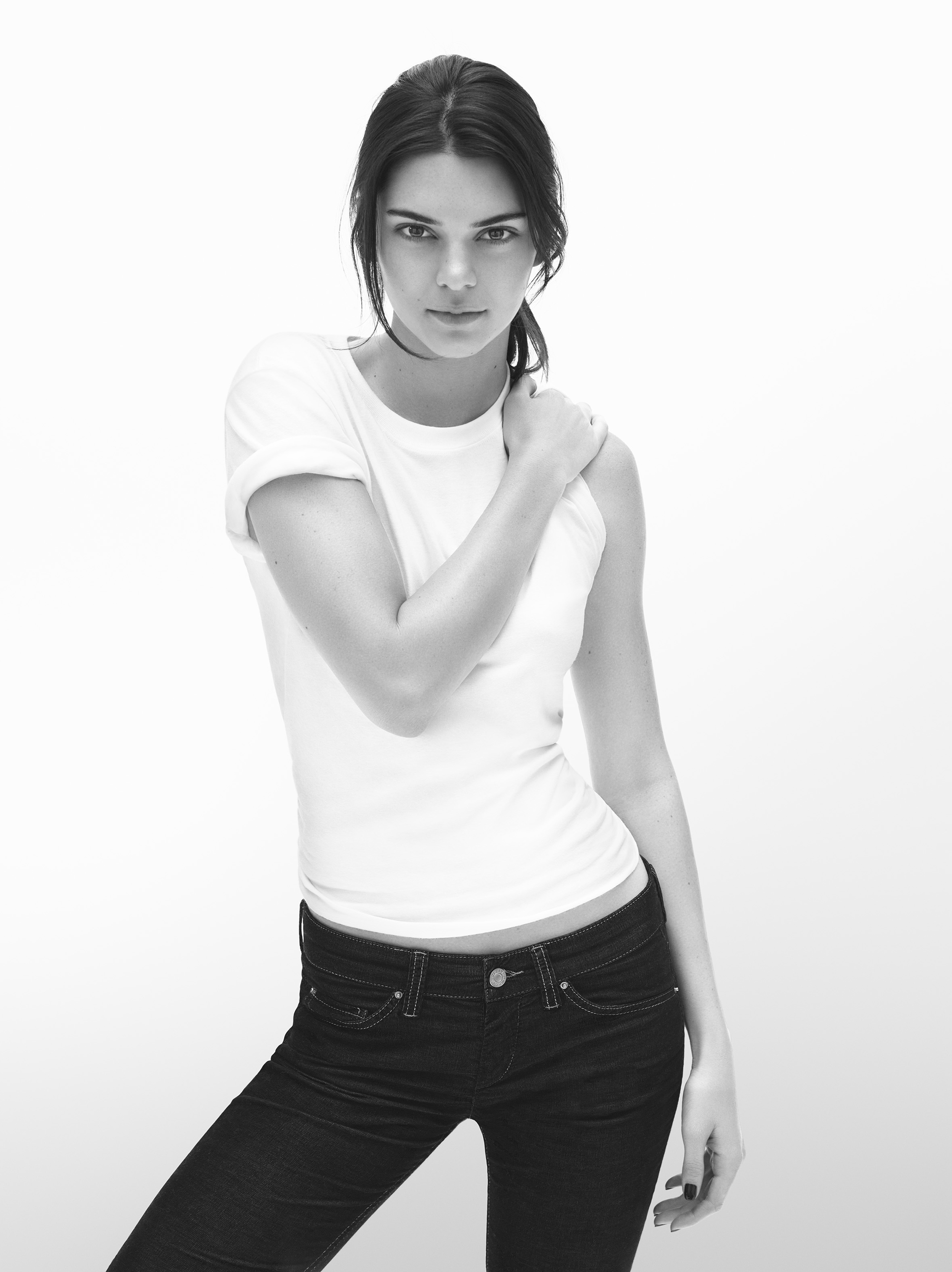 People 2000x2669 Kendall Jenner women brunette model simple background white background monochrome looking at viewer jeans standing T-shirt white tops