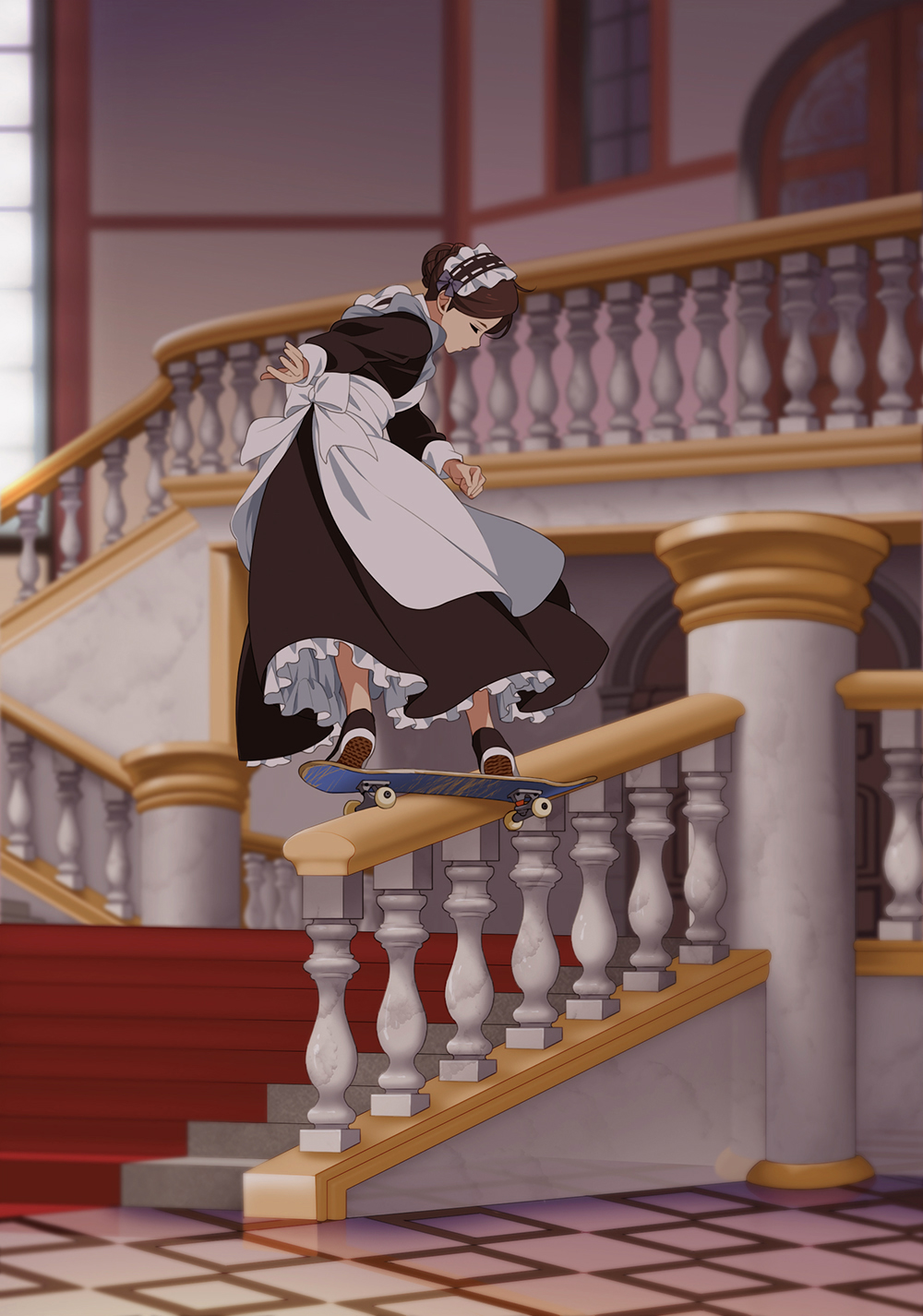 Anime 1000x1426 anime anime girls digital art artwork 2D portrait display skateboard skateboarding maid outfit