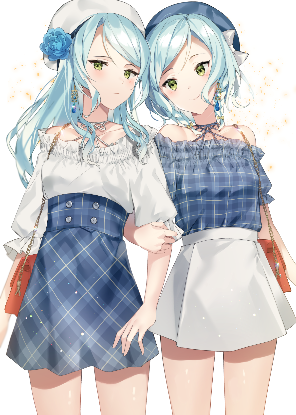 Anime 1200x1680 anime anime girls digital art artwork 2D portrait display twins blue hair green eyes bare shoulders BanG Dream! Hikawa Hina Hikawa Sayo YUHI