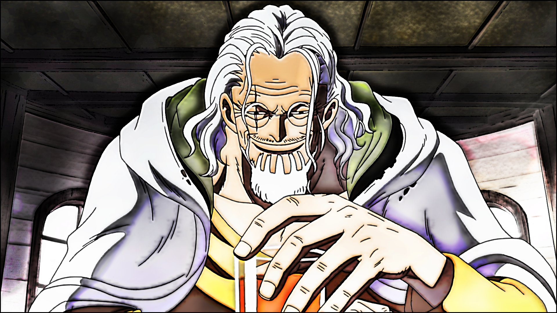 Anime 1920x1080 Rayleigh (One piece) anime anime men One Piece closed mouth smiling drinking glass drink scars sitting beard glasses white hair