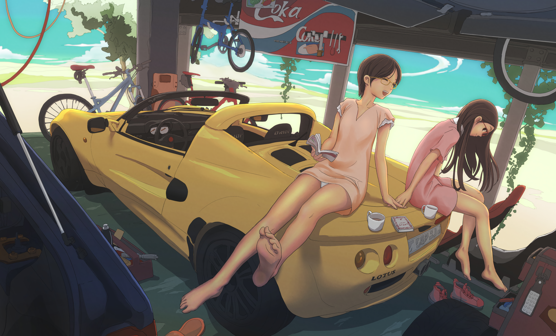 Anime 1920x1159 anime anime girls sports car barefoot Lotus Elise