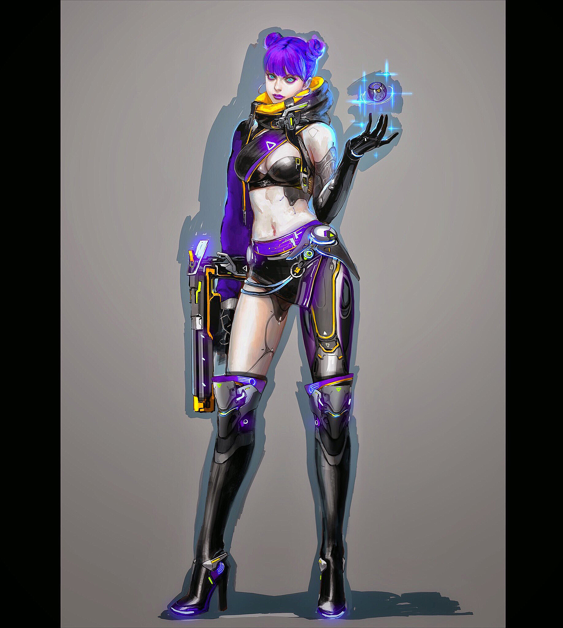 General 1836x2048 artwork science fiction science fiction women standing purple hair bra belly panties gun high heeled boots simple background gray background blue eyes
