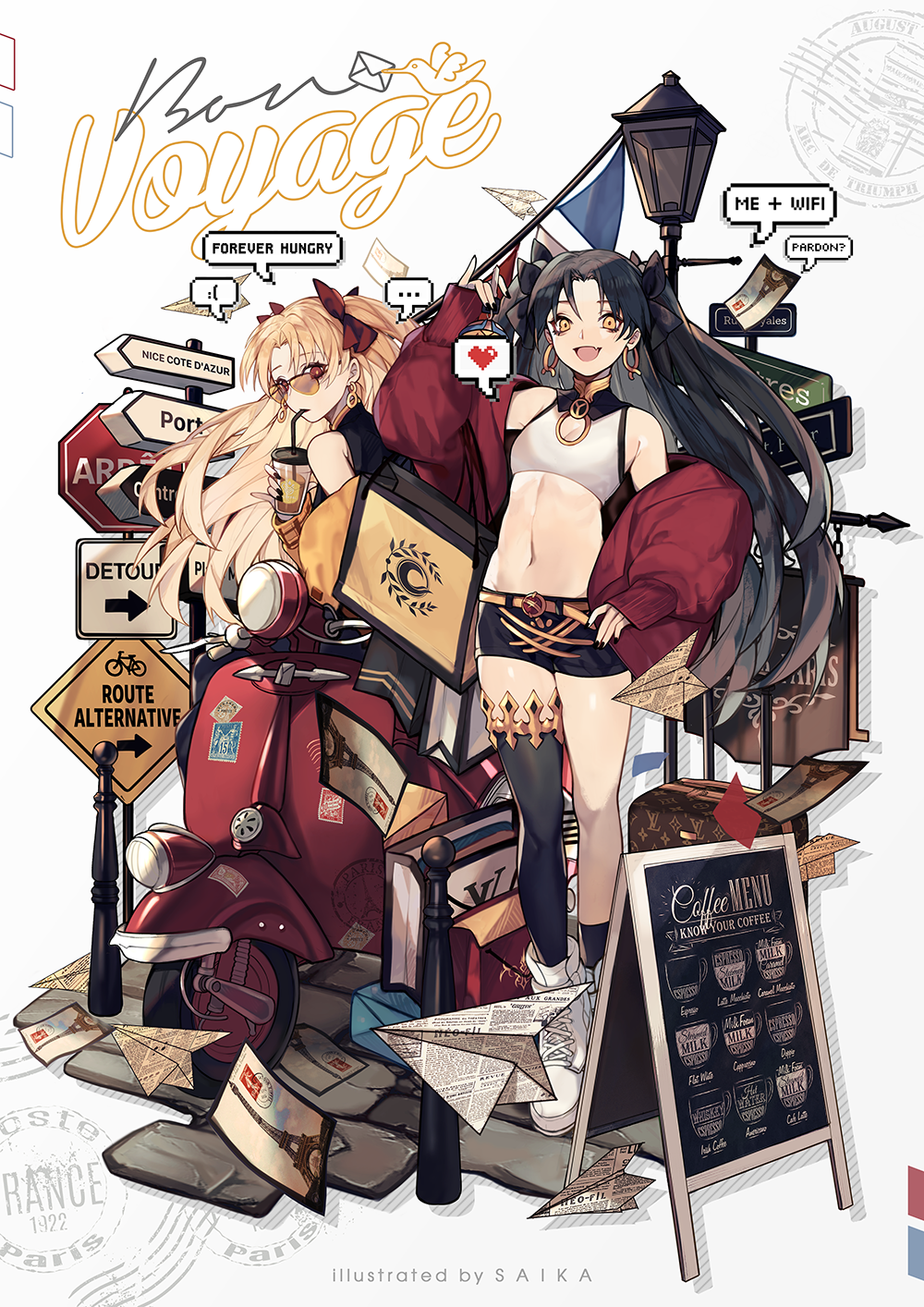 Anime 1000x1414 Fate series Fate/Grand Order anime girls black stockings thighs small boobs 2D portrait display looking at viewer long hair black hair Ishtar (Fate/Grand Order) Ereshkigal (Fate/Grand Order) simple background belly button twintails anime girls eating paper planes road sign coffee women with glasses yellow eyes fan art motorcycle red jackets blonde