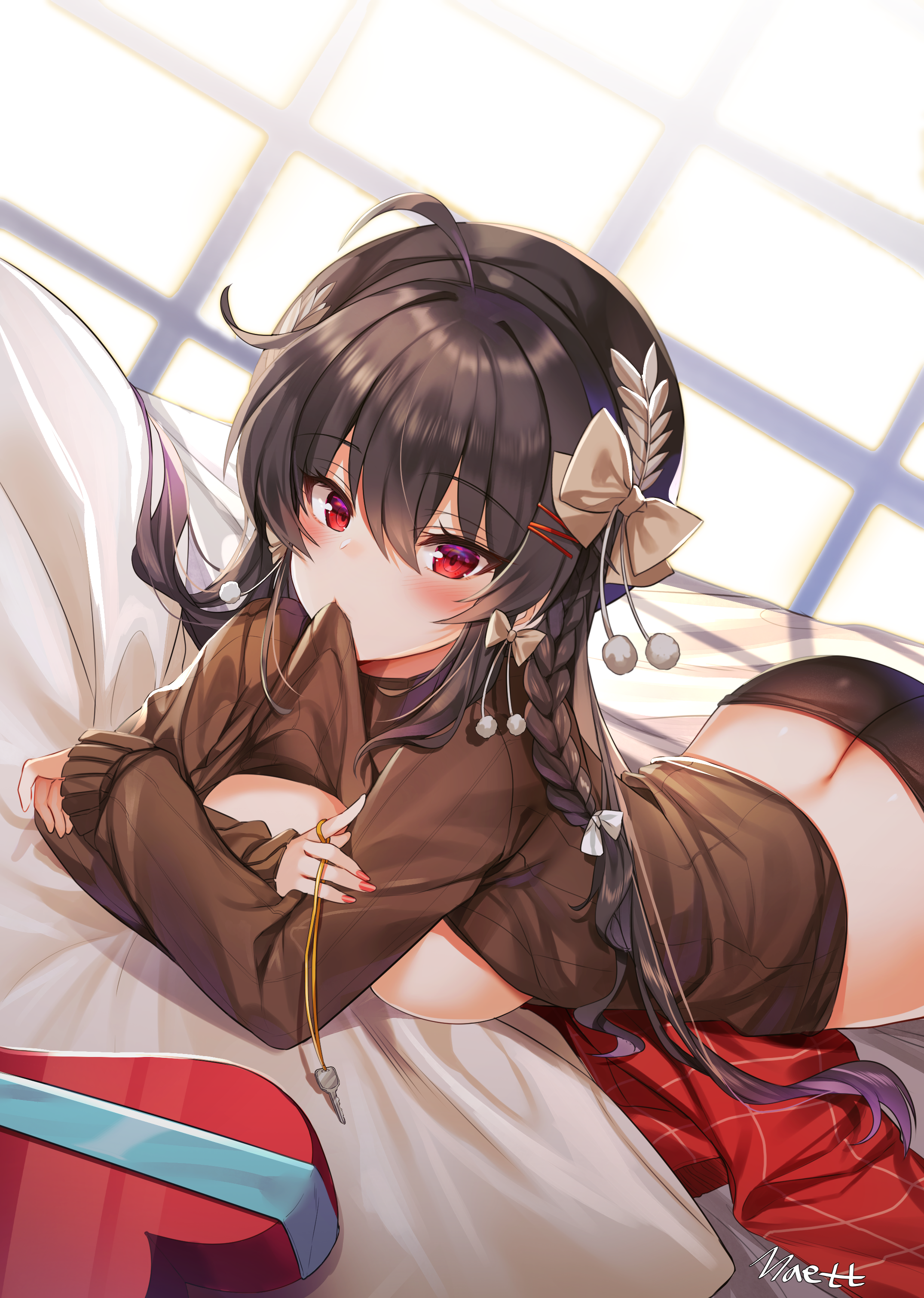 Anime 2150x3021 red eyes anime nails looking at viewer blushing hair accessories Iris Yuma (Soul Worker) Soul Worker Maett artwork anime girls brunette braids lifting shirt boobs lying on front ass