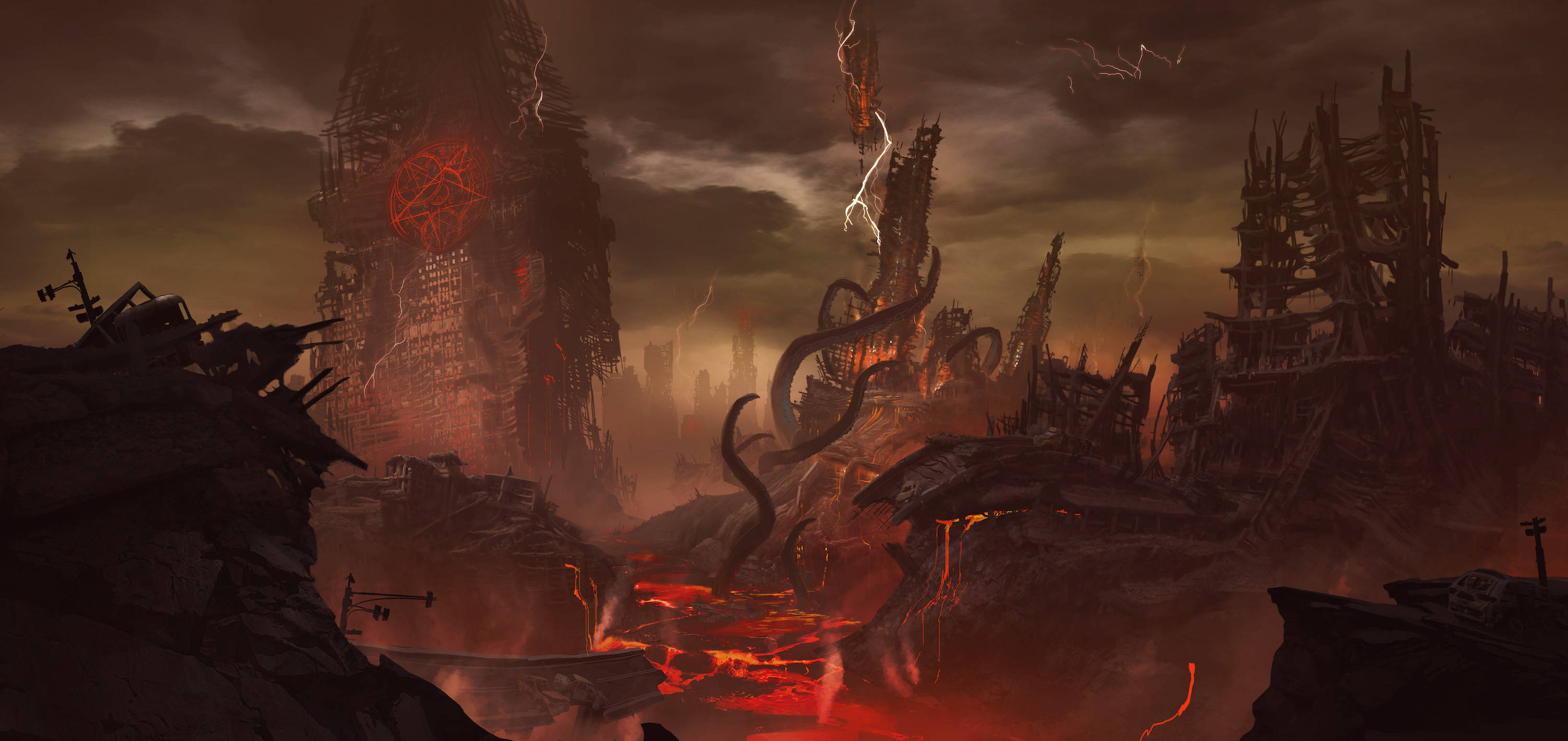 General 3000x1418 video games Doom (game) DOOM Eternal apocalyptic demon concept art inverted pentagram