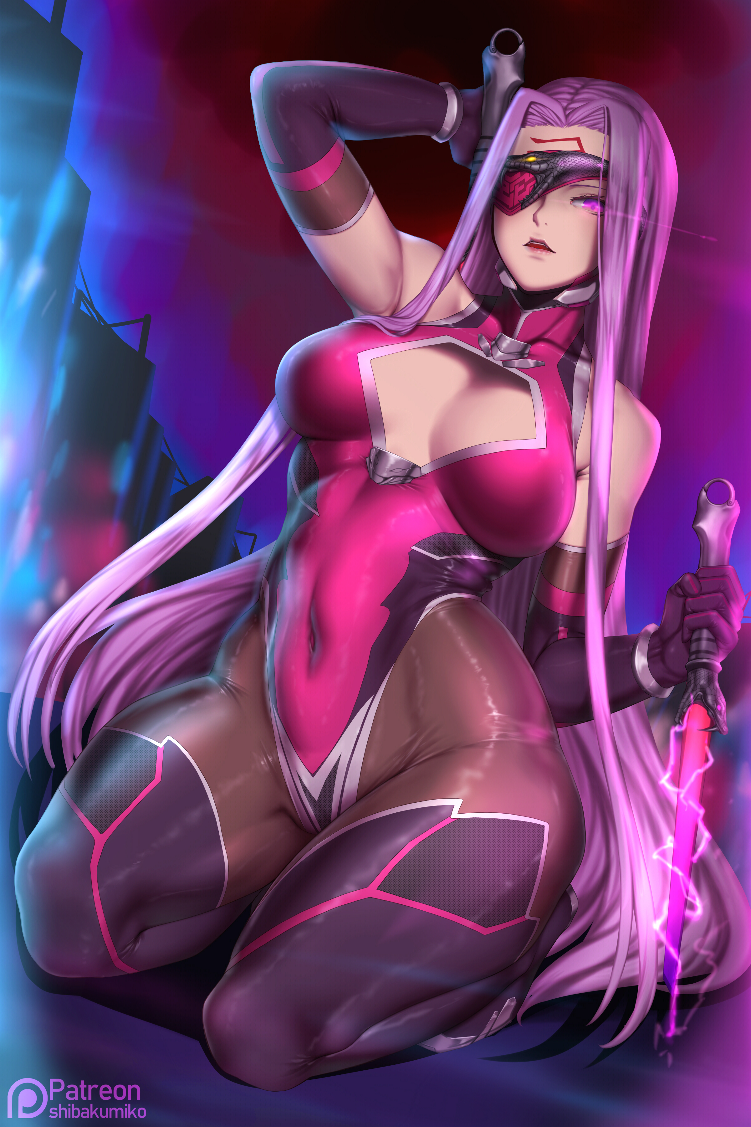 Anime 2400x3600 anime girls big boobs curvy 2D cleavage erotic art  open mouth thighs long hair purple hair fan art looking at viewer bodysuit blindfold belly button biceps pantyhose portrait display female warrior low-angle tight clothing anime shibakumiko Fate series Fate/Grand Order Medusa (Fate/Grand Order) Rider (Fate/Stay Night) Rider (Fate/Grand Order)