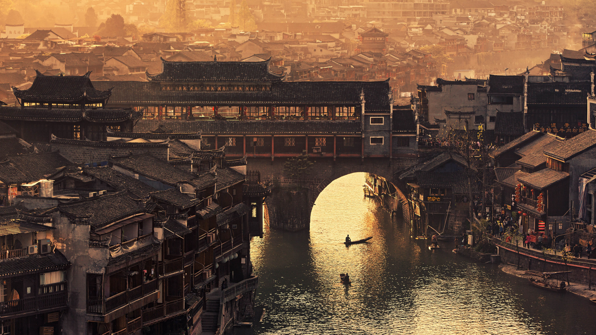 General 1920x1080 architecture building city cityscape Asia Chinese architecture China rooftops river boat