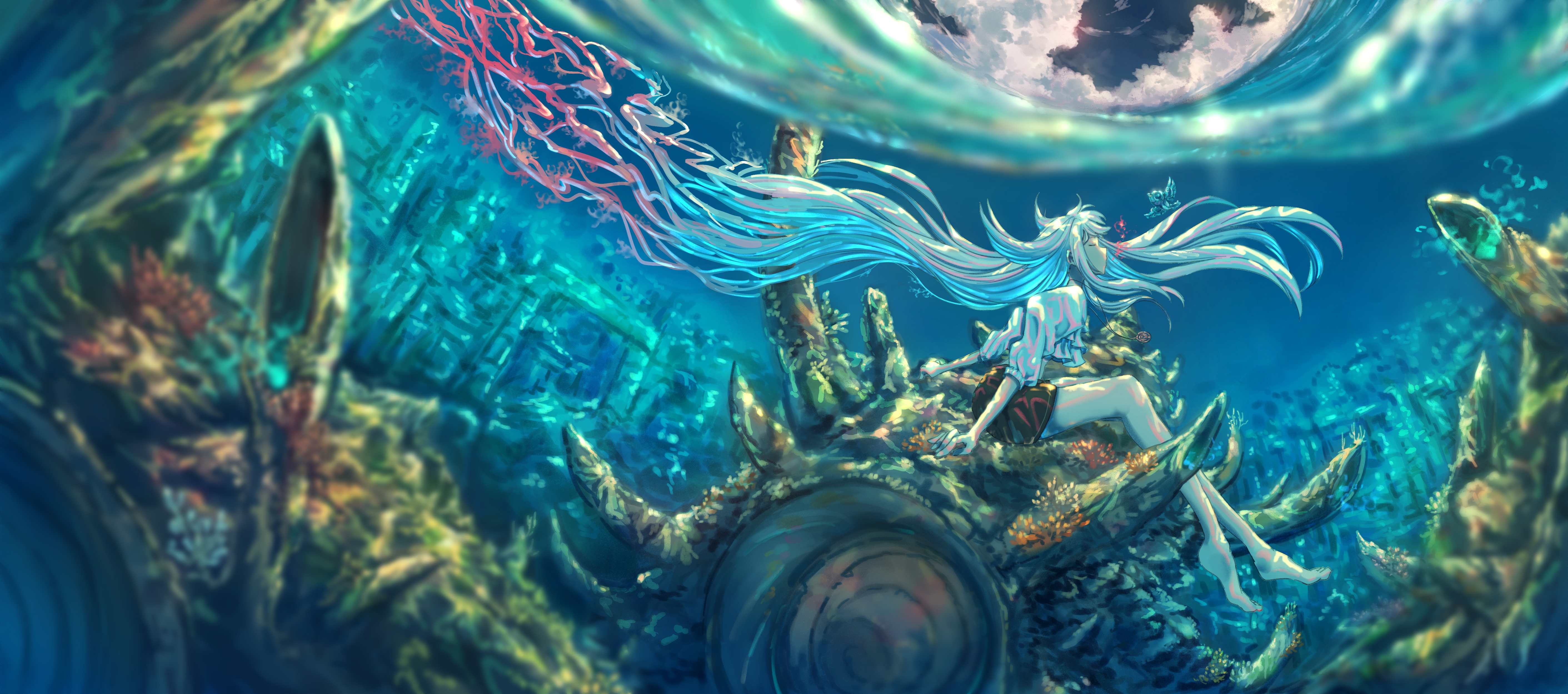 Anime 5644x2500 anime anime girls underwater fantasy girl long hair