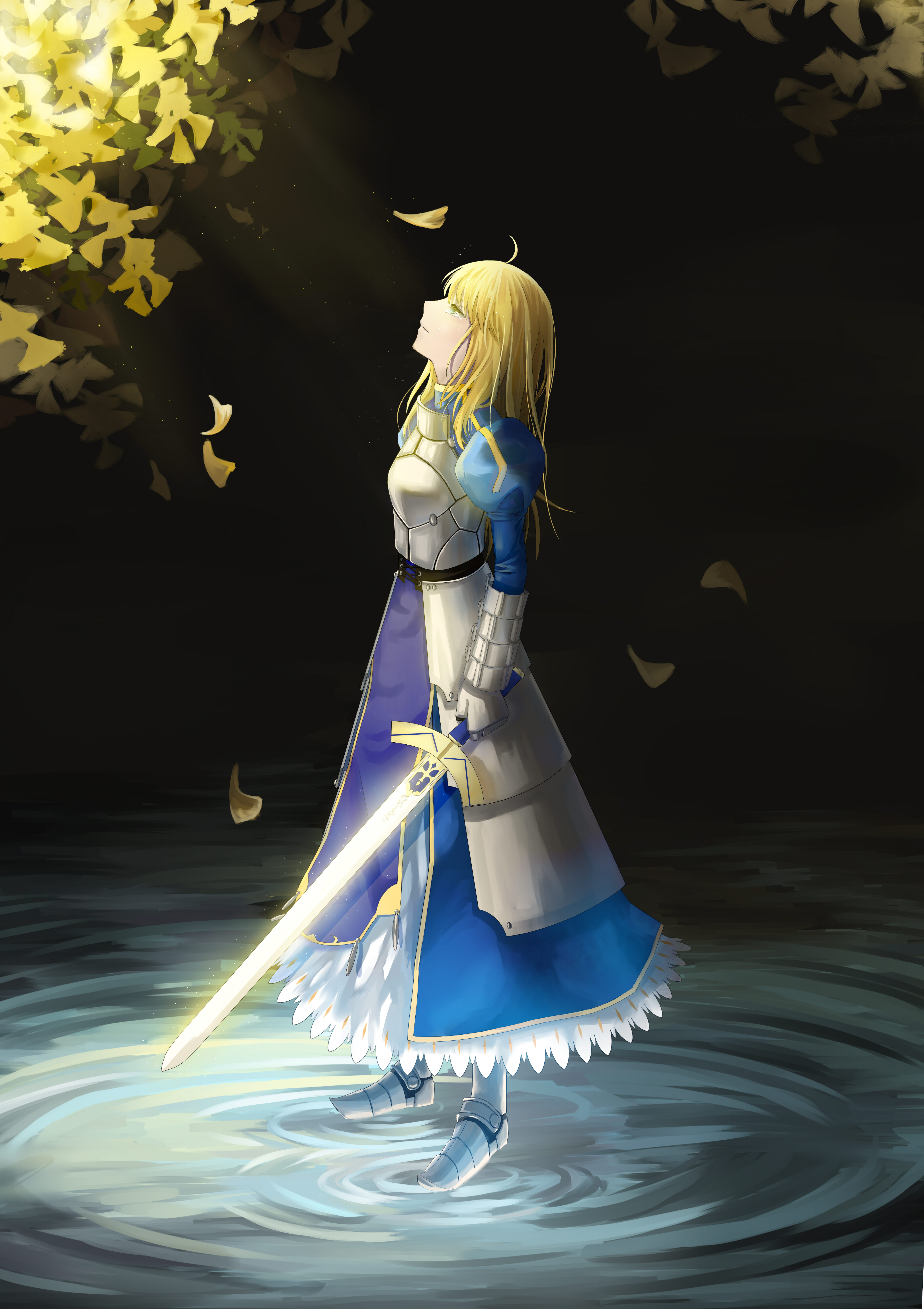 Anime 4169x5905 Fate series Fate/Stay Night Fate/Zero anime girls 2D female warrior long hair women with swords armor Excalibur blue dress fantasy weapon green eyes crying Saber forest portrait display fan art blonde Artoria Pendragon