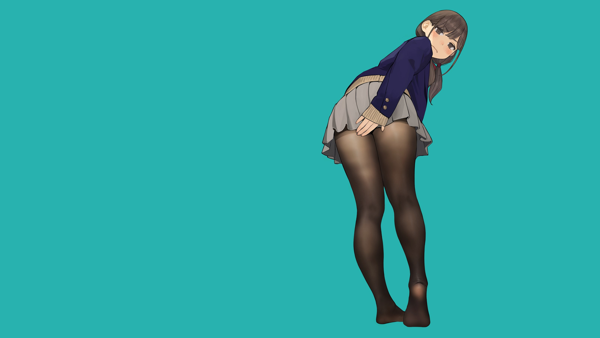 Anime 1920x1080 anime anime girls simple background ecchi pantyhose miniskirt skirt schoolgirl school uniform thighs looking at viewer rear view blushing yomu Miru Tights
