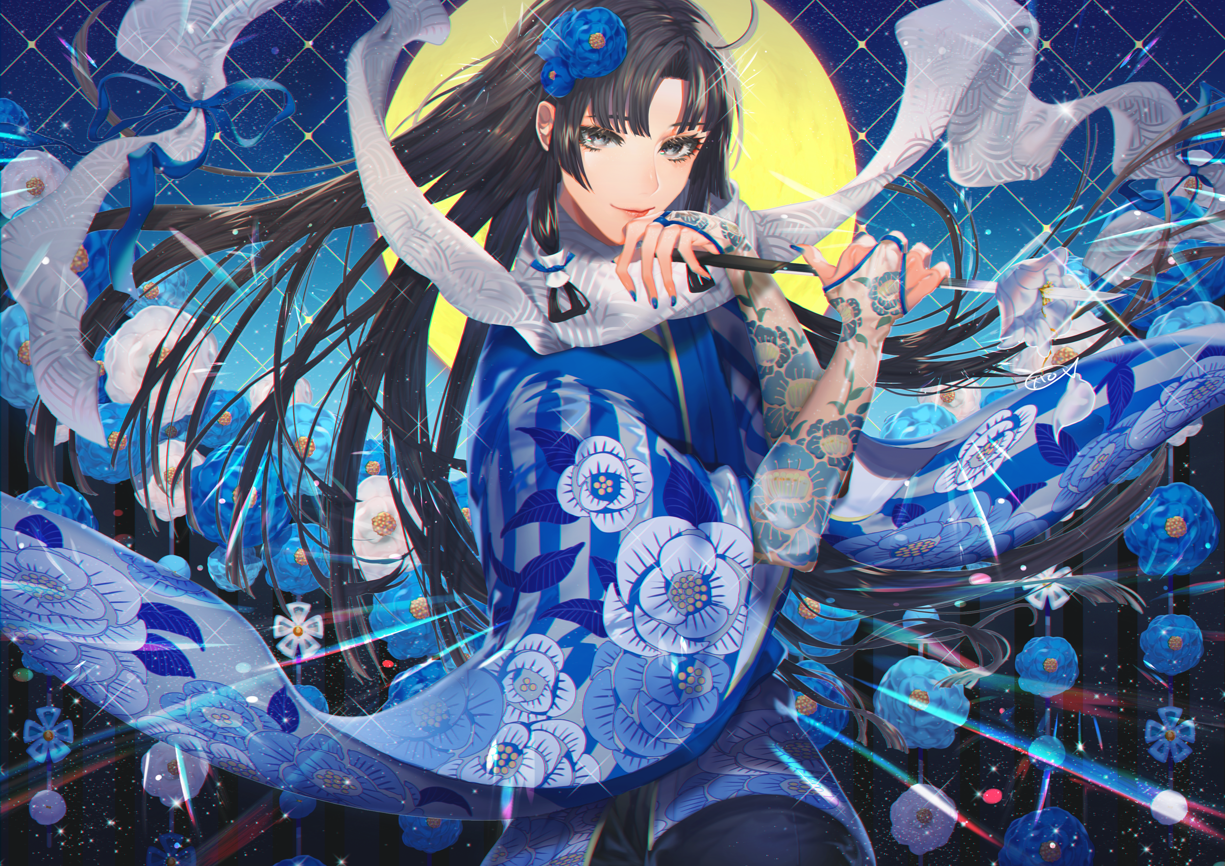 Anime 2400x1697 anime anime girls black hair blue knife