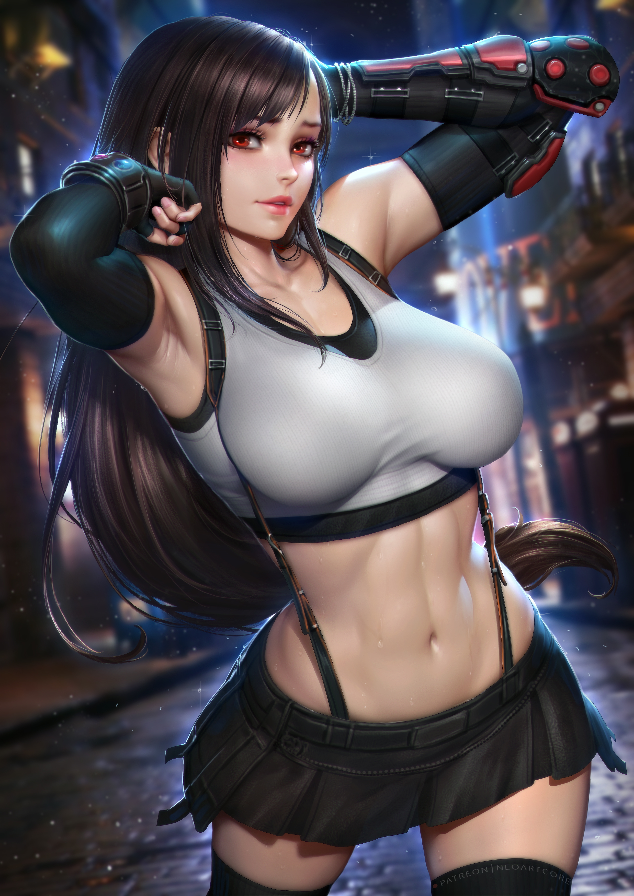 General 2480x3508 Tifa Lockhart Final Fantasy Final Fantasy VII Final Fantasy VII: Advent Children video games video game characters video game girls fantasy girl women brunette long hair red eyes looking at viewer belly miniskirt thigh-highs wide hips curvy portrait display artwork illustration drawing fan art NeoArtCorE (artist)
