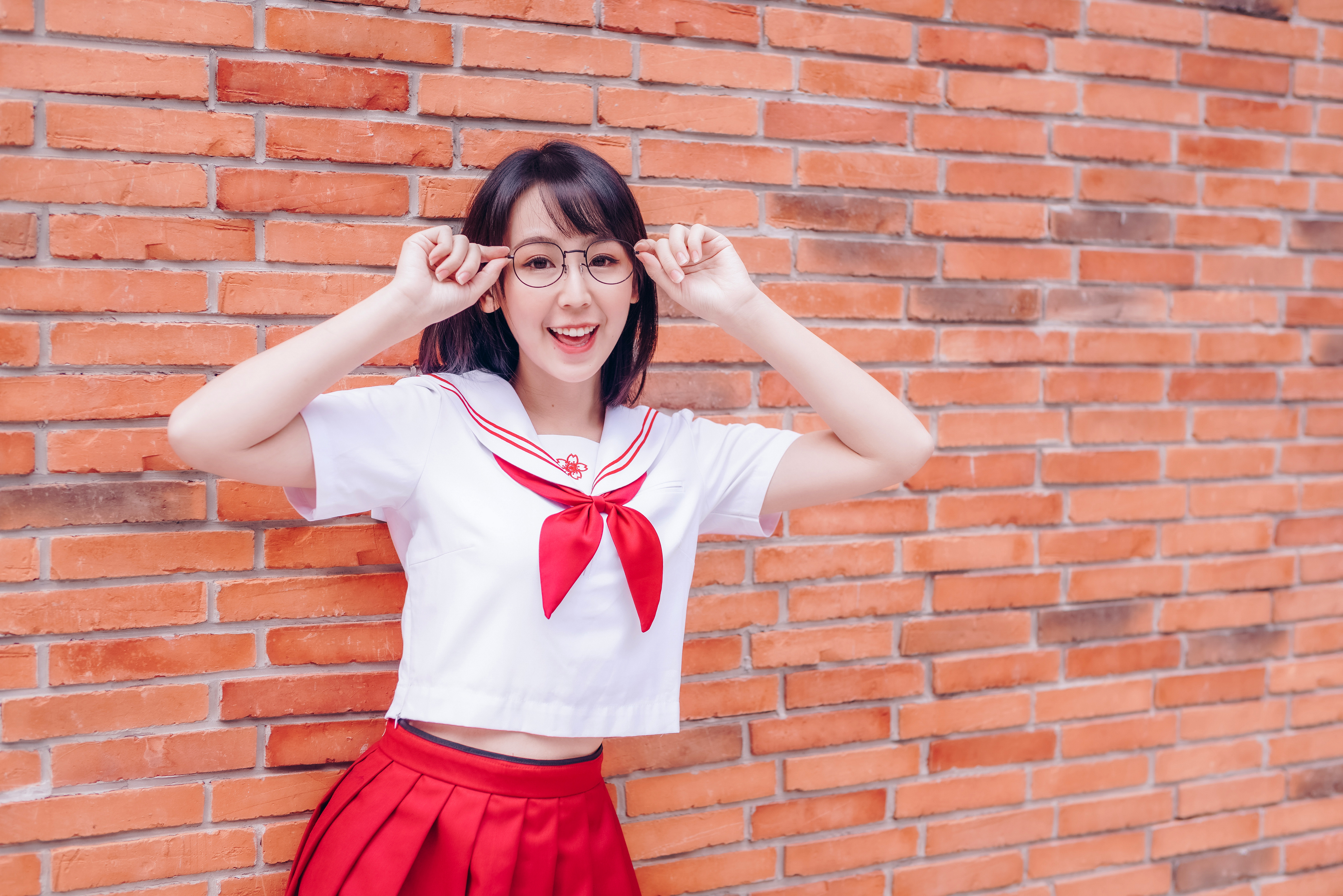 People 4562x3044 Asian women model long hair brunette glasses sailor uniform bricks wall smiling