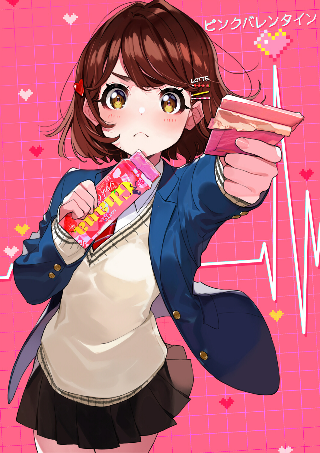 Anime 1060x1500 anime anime girls digital art artwork 2D portrait display Youcapriccio chocolate school uniform brunette short hair yellow eyes blushing Valentine's Day