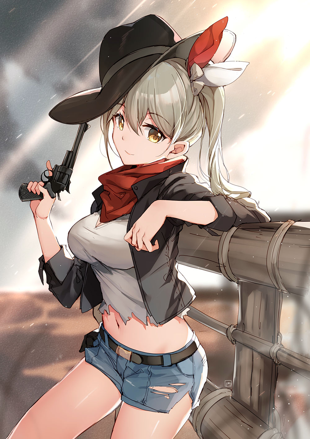 Anime 1000x1415 anime anime girls digital art artwork 2D portrait display revolver gun yellow eyes scarf torn clothes short shorts jean shorts belly cowboy hats gray hair side ponytail looking at viewer cowgirl bison cangshu