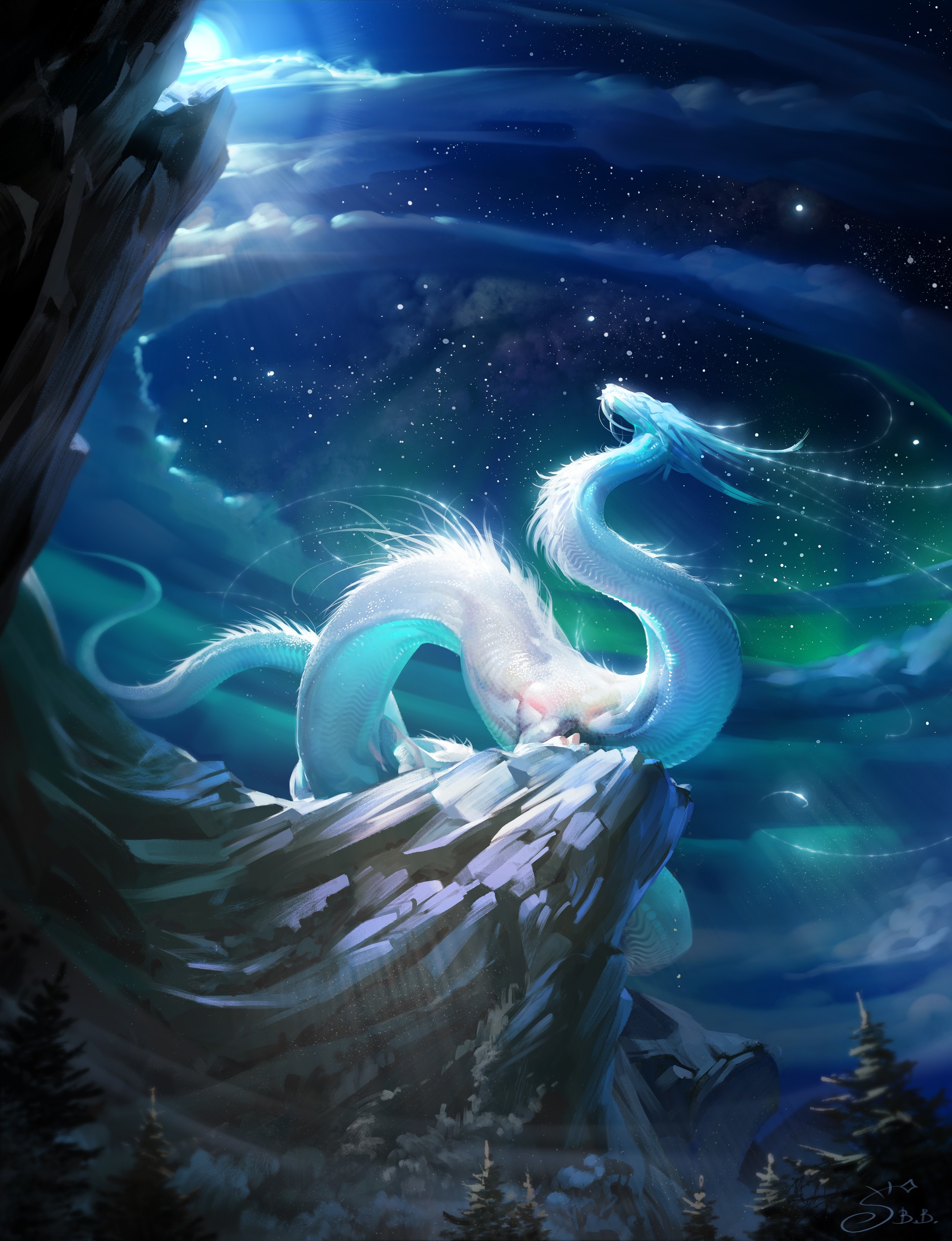 General 2303x3000 Vera Velichko digital painting nature dragon night aurorae forest mountains Chinese dragon loong