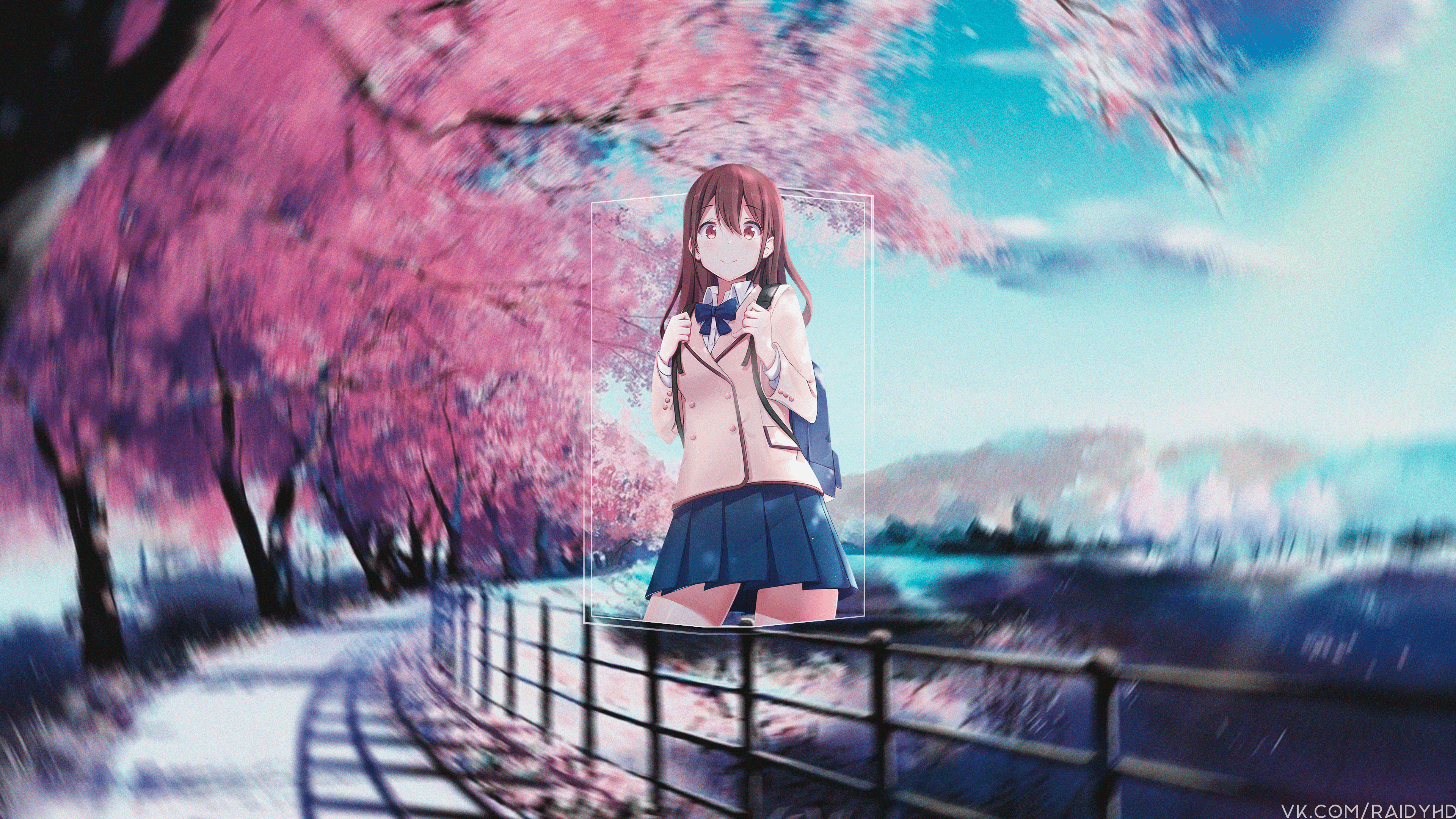 Anime 3840x2160 anime cherry blossom blurry background blurred schoolgirl school uniform picture-in-picture skirt backpacks anime girls looking at viewer trees sky clouds frills watermarked bow tie