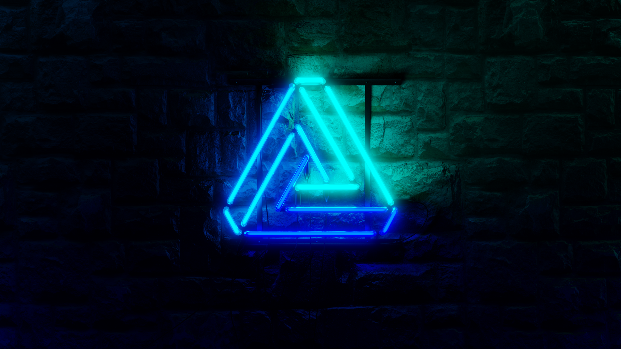 General 2560x1440 digital art abstract glowing wall neon triangle bricks Penrose triangle blue cyan
