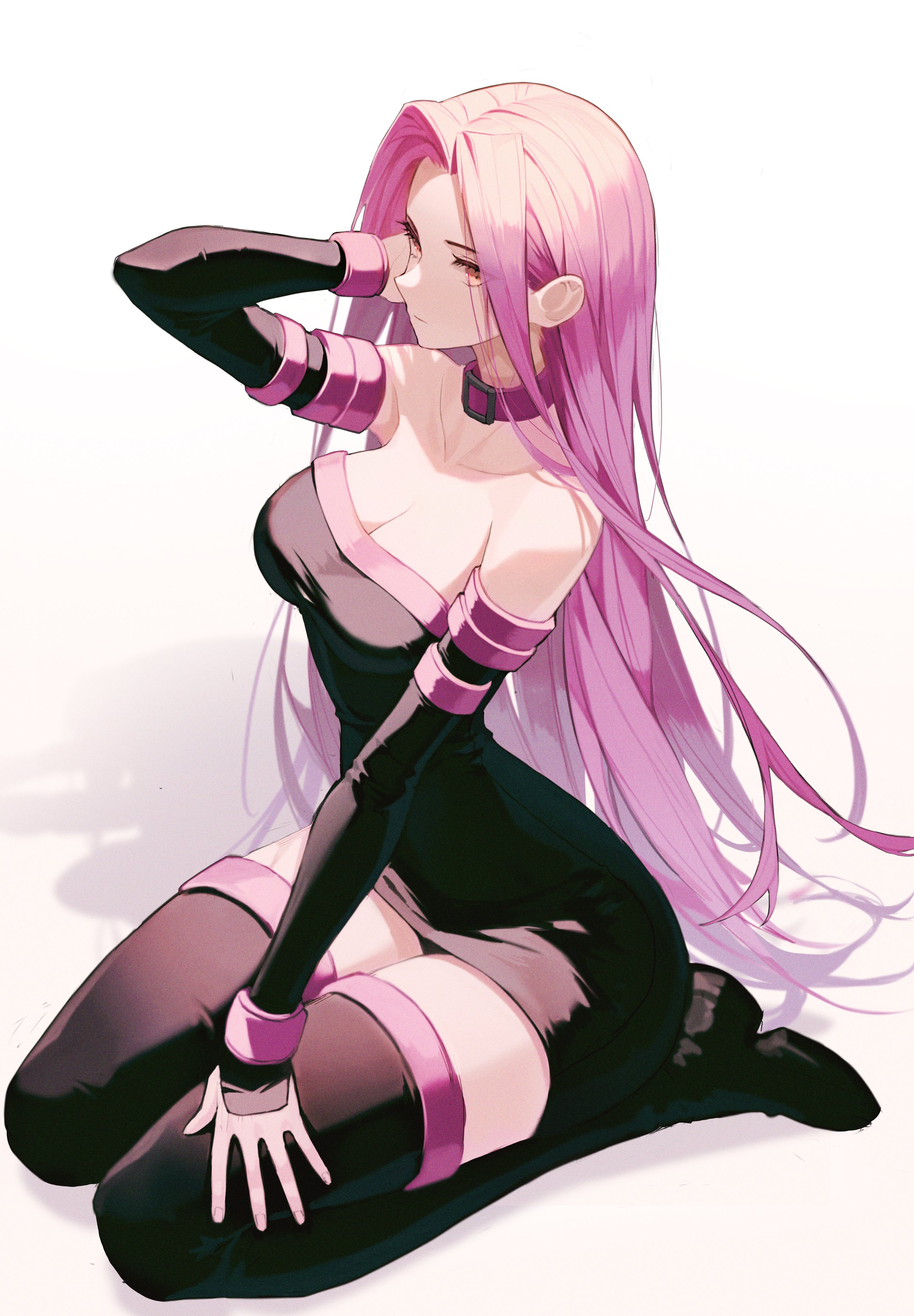 Anime 2585x3722 Fate series Fate/Stay Night anime girls cleavage ecchi black dress long hair purple hair no bra big boobs thighs curvy touching hair thick thigh Rider (Fate/Stay Night) Medusa (Fate/Grand Order) simple background 2D pink eyes portrait display thigh high boots black boots Pro-p fan art anime