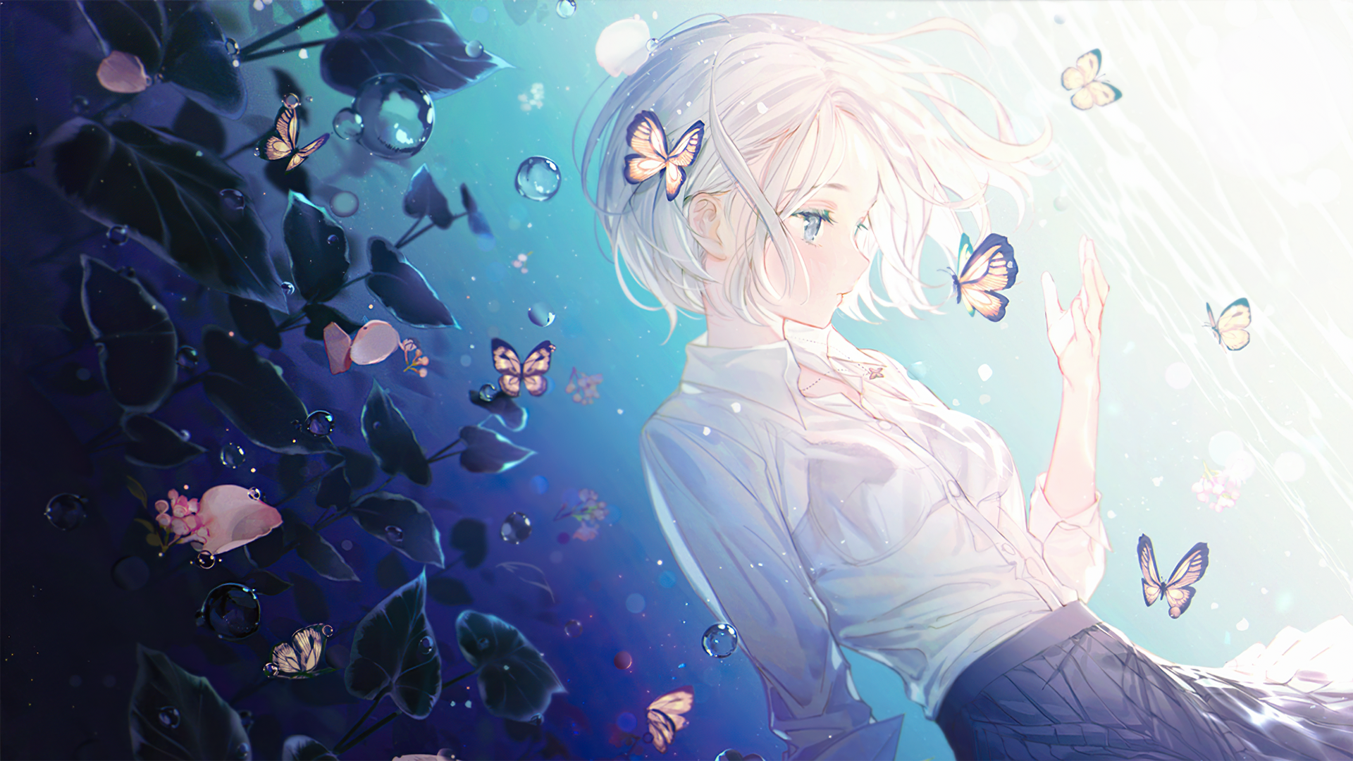 Anime 1920x1080 short hair butterfly leaves white hair water drops anime blue eyes anime girls cropped artwork Gomzi