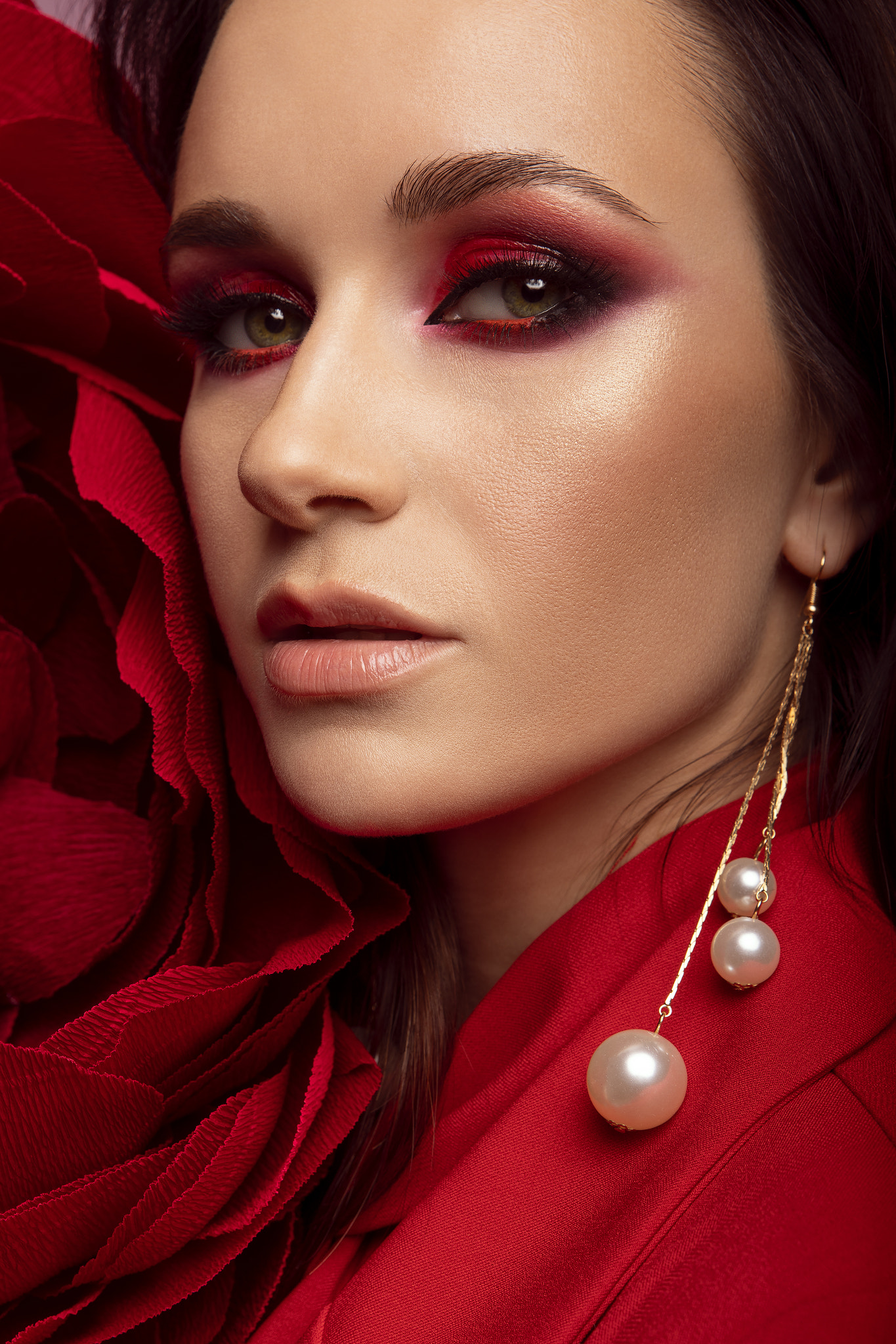 People 1365x2048 Anna Lesnikova women brunette portrait glamour makeup eyeshadow eyeliner looking at viewer lipstick red red clothing