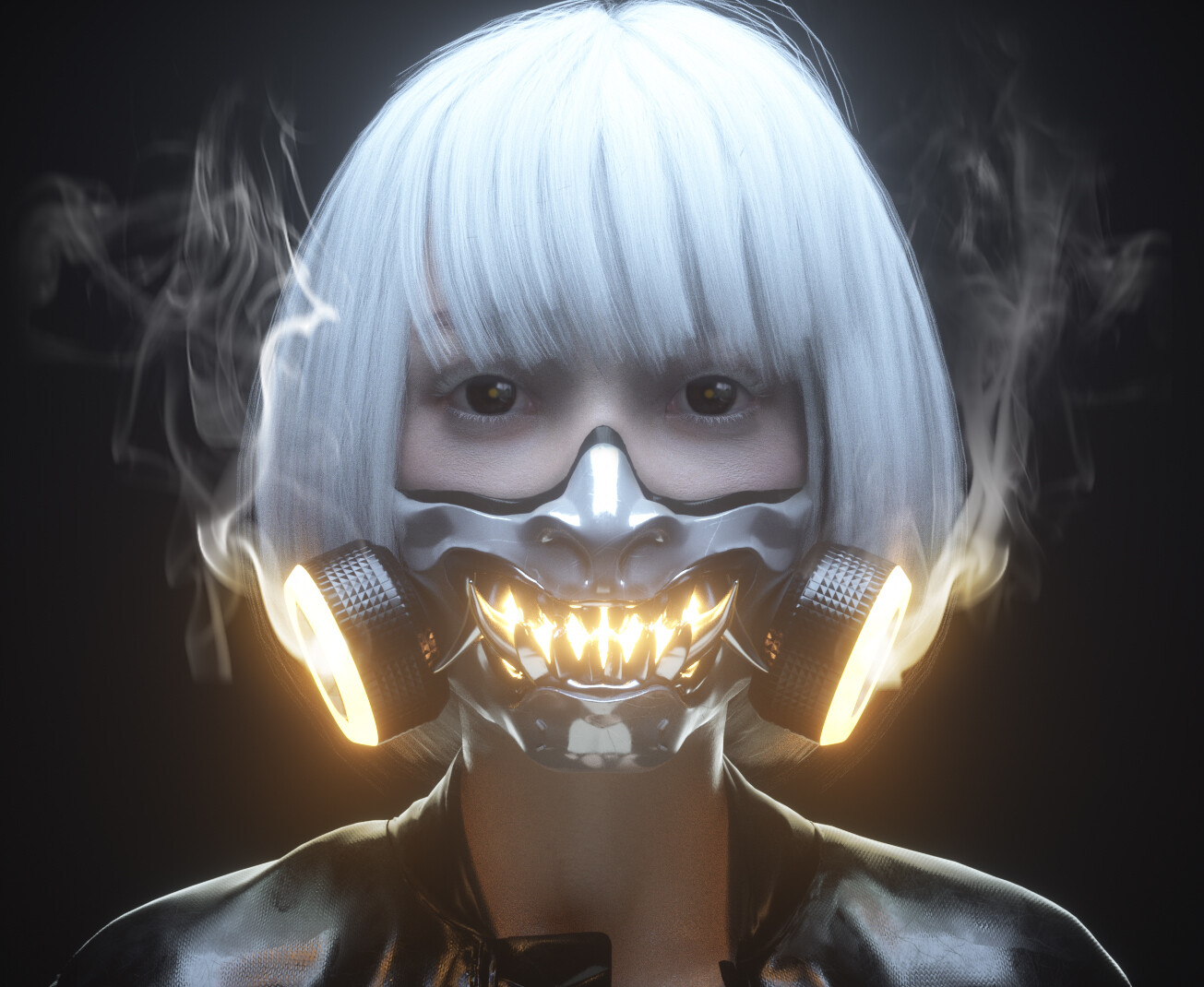 General 1305x1070 cyberpunk mask face digital art artwork dark eyes portrait smoke glowing fangs
