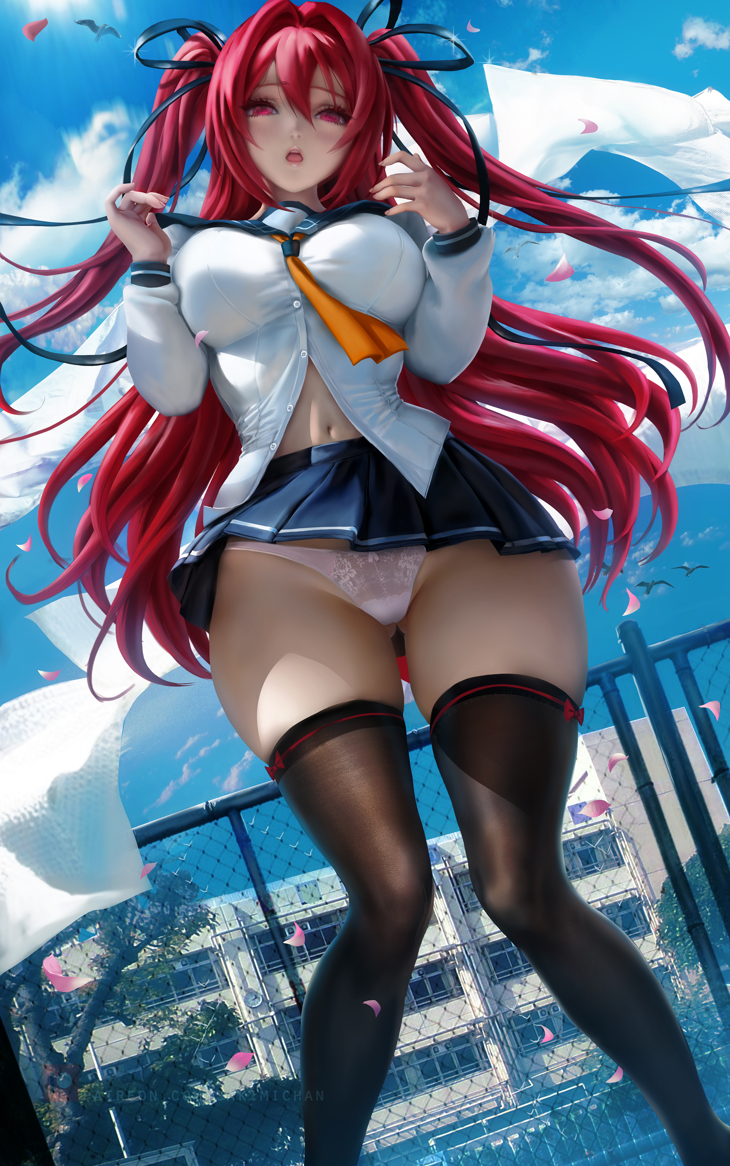 Anime 2350x3750 Naruse Mio Shinmai Maou no Testament anime anime girls redhead long hair bangs twintails hair ribbon hair accessories red eyes looking at viewer blushing open mouth sky clouds low-angle portrait display school uniform sailor uniform tie shirt belly miniskirt panties white panties underwear the gap thick thigh thigh-highs curvy upskirt windy frontal view 2D fantasy girl artwork drawing digital art illustration fan art Sakimichan cameltoe