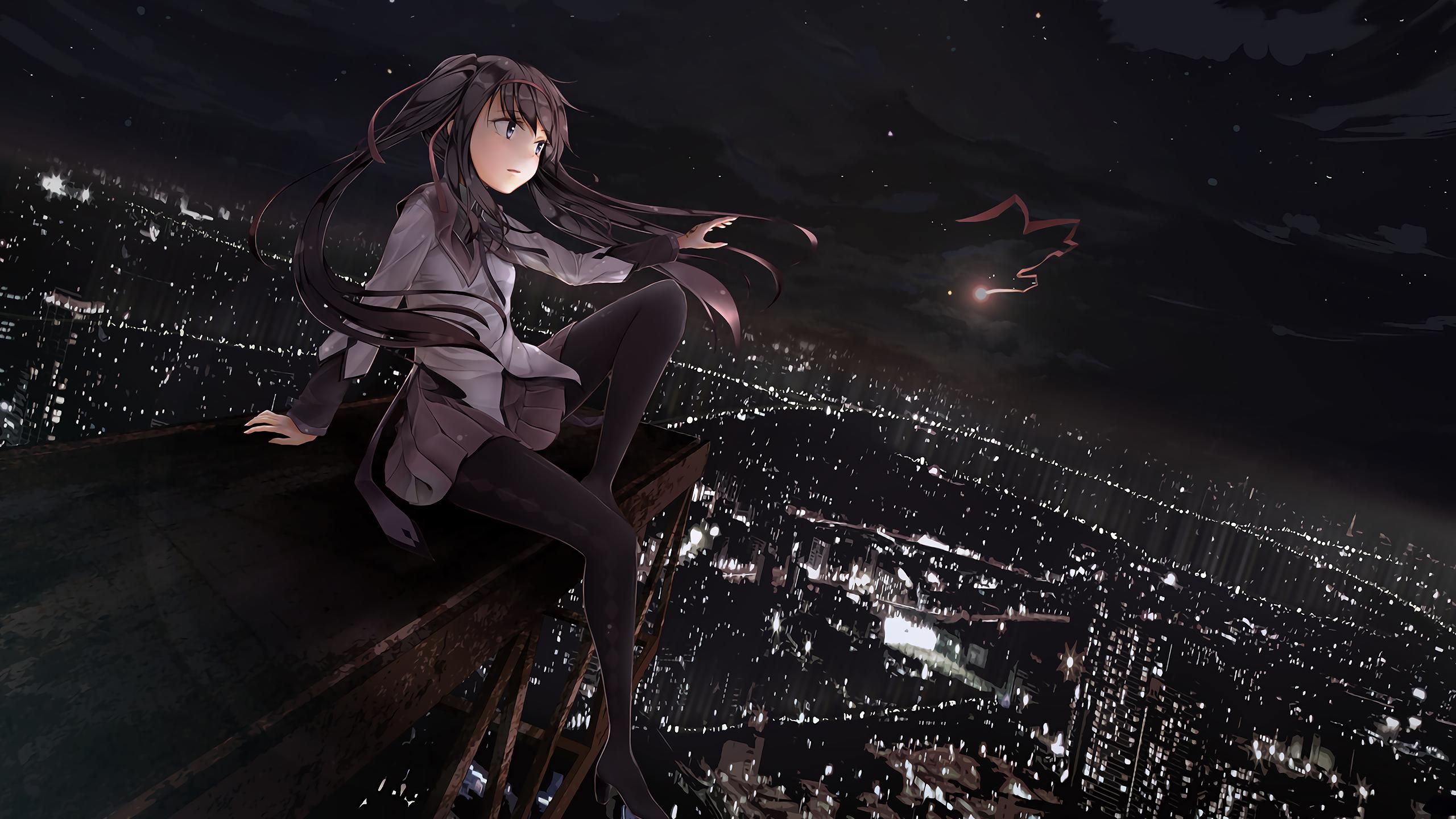 Anime 2560x1440 anime anime girls sky landscape city night lights sitting Mahou Shoujo Madoka Magica Homura Akemi