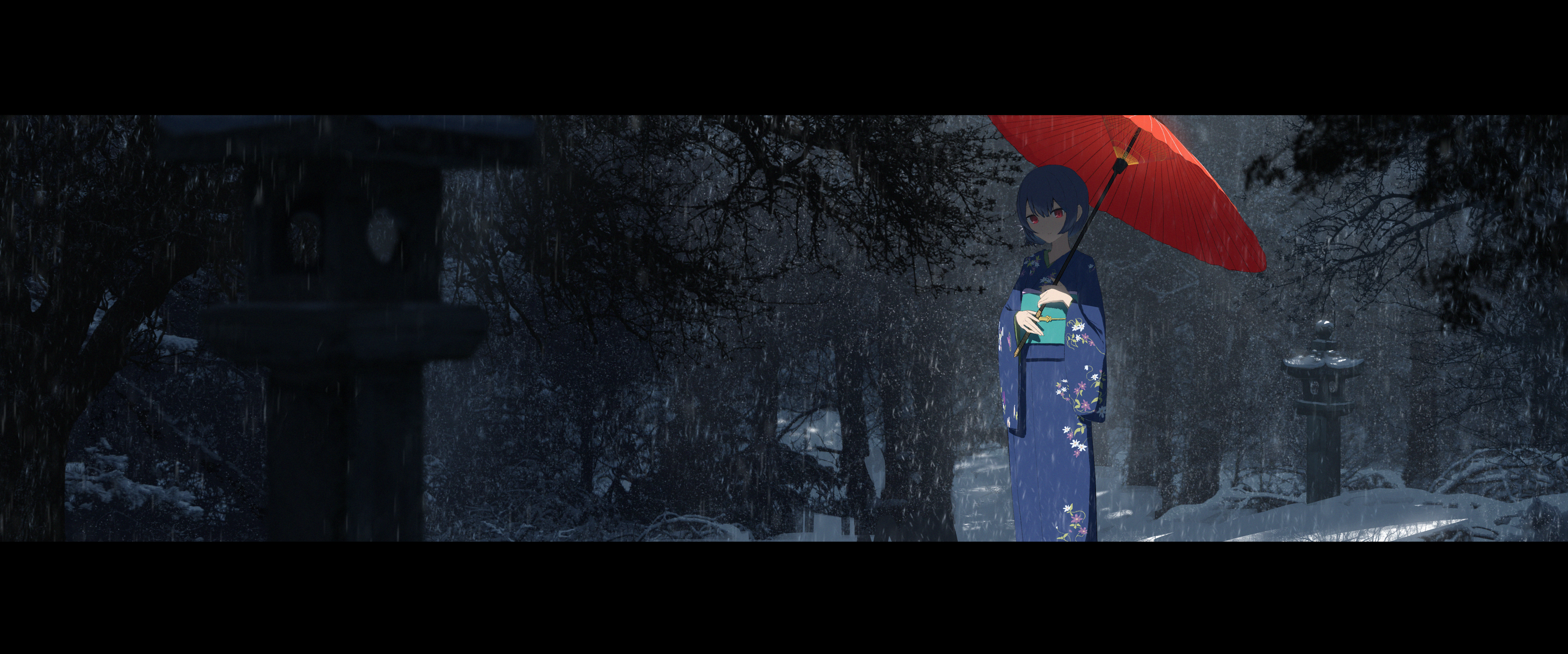 Anime 5000x2084 anime anime girls digital art 2D artwork portrait Asteroid (artist) THE iDOLM@STER Rinze Morino Japanese clothes umbrella snow