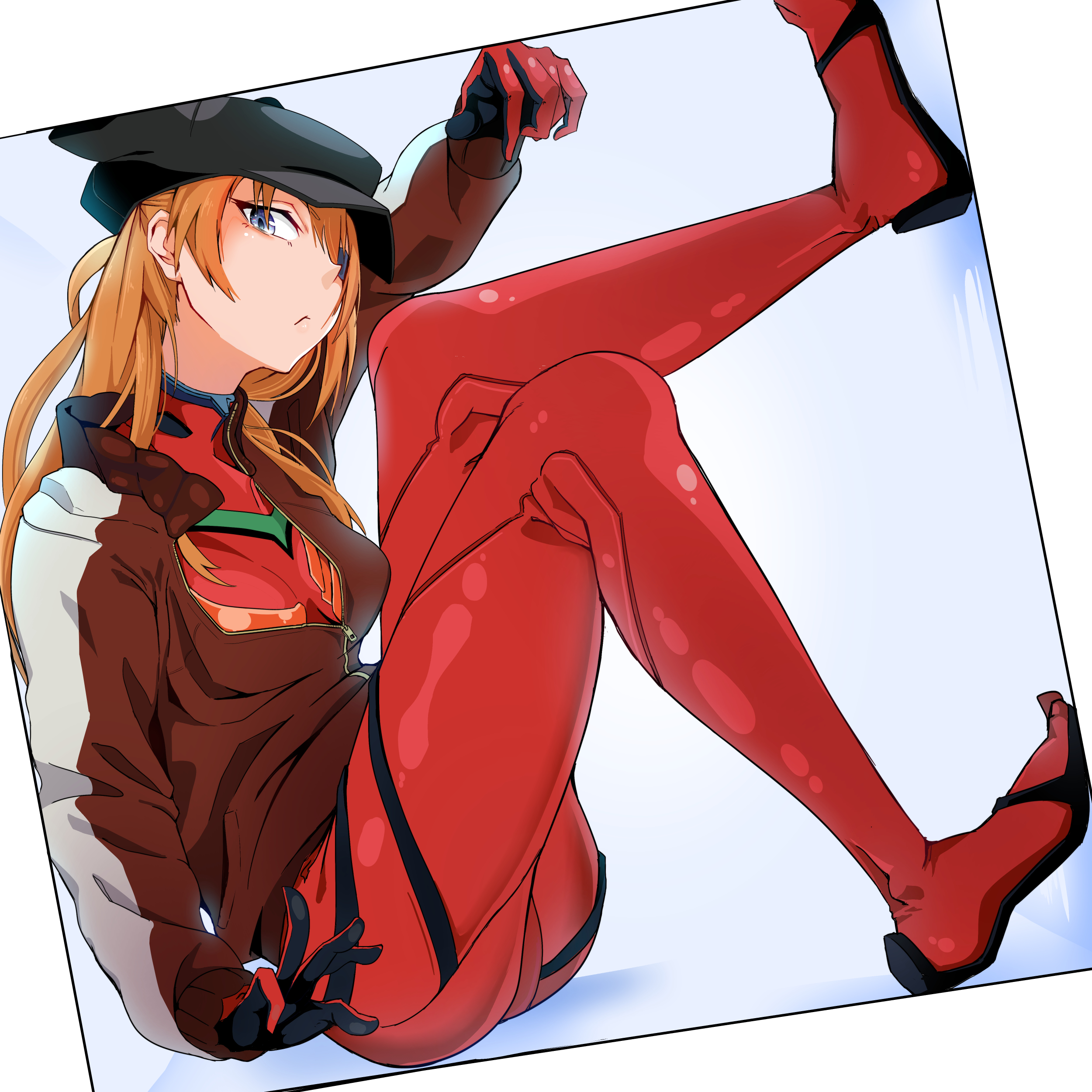 Anime 2500x2500 Neon Genesis Evangelion anime girls small boobs simple background long hair redhead ass plugsuit red jackets looking at viewer Asuka Langley Soryu fan art 2D blue eyes glutes thick thigh the gap anime curvy ecchi bodysuit hair in face eyepatches