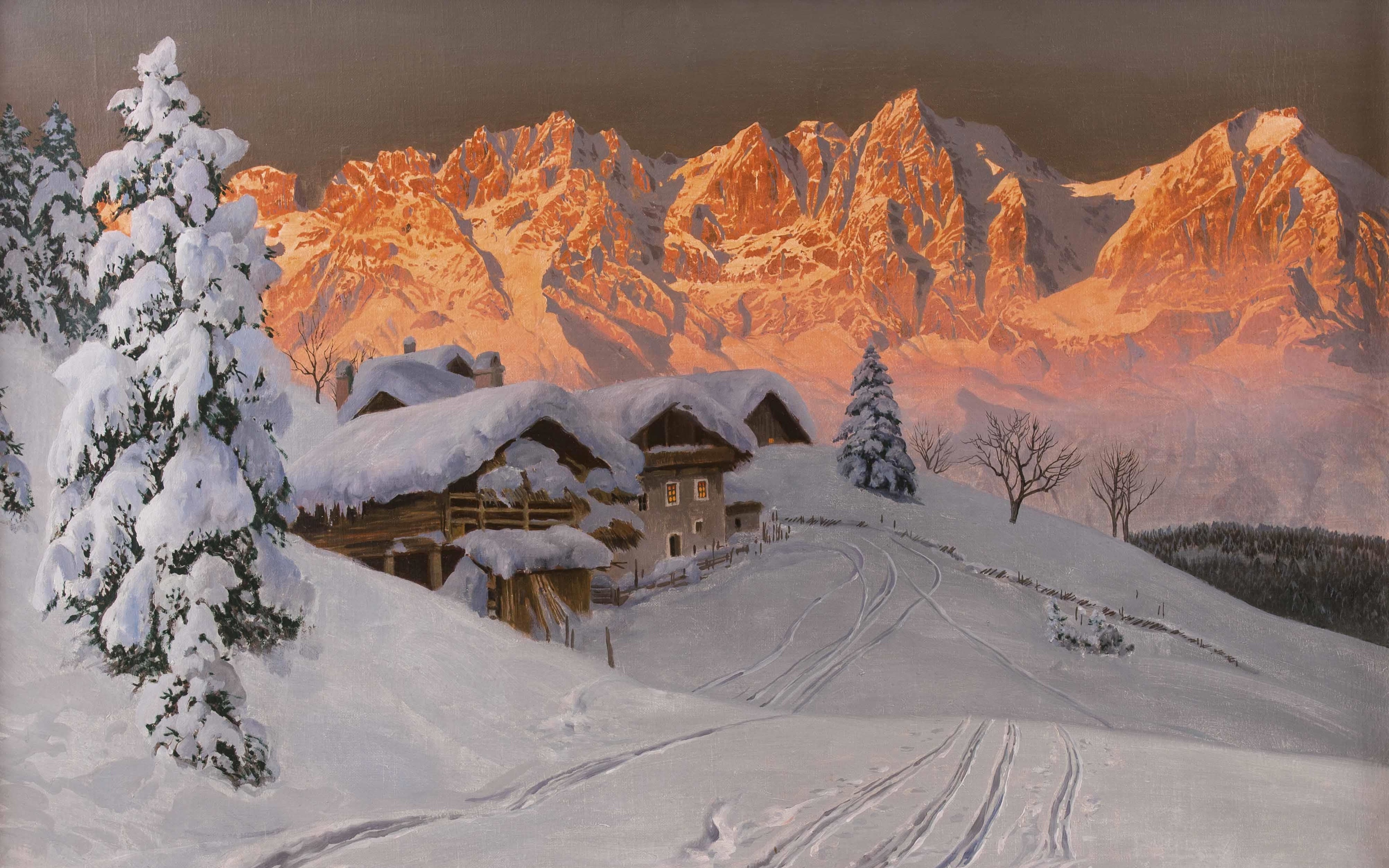 General 3840x2400 artwork winter snow mountains Alois Arnegger painting