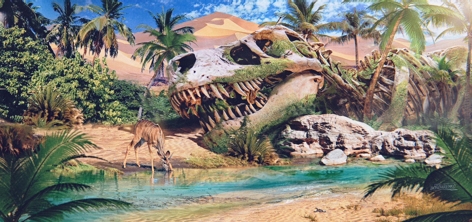 General 1920x903 Pavel Bondarenko drawing dinosaurs fossils oasis deer nature desert water drinking sand bushes palm trees bones teeth skeleton moss mouth