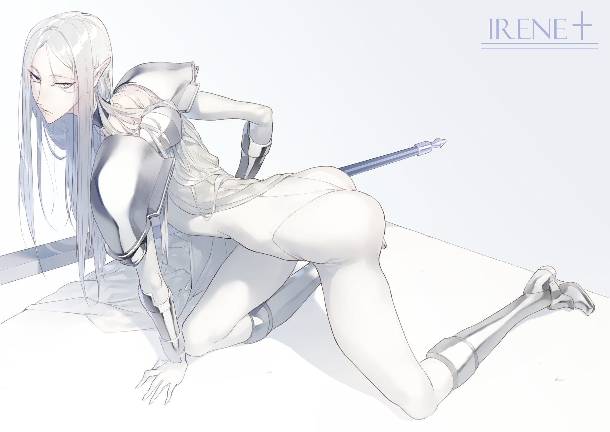 Anime 1972x1396 Claymore (anime) anime girls women with swords small boobs long hair ass 2D Irene (Claymore) silver hair thighs simple background armor fan art pointy ears