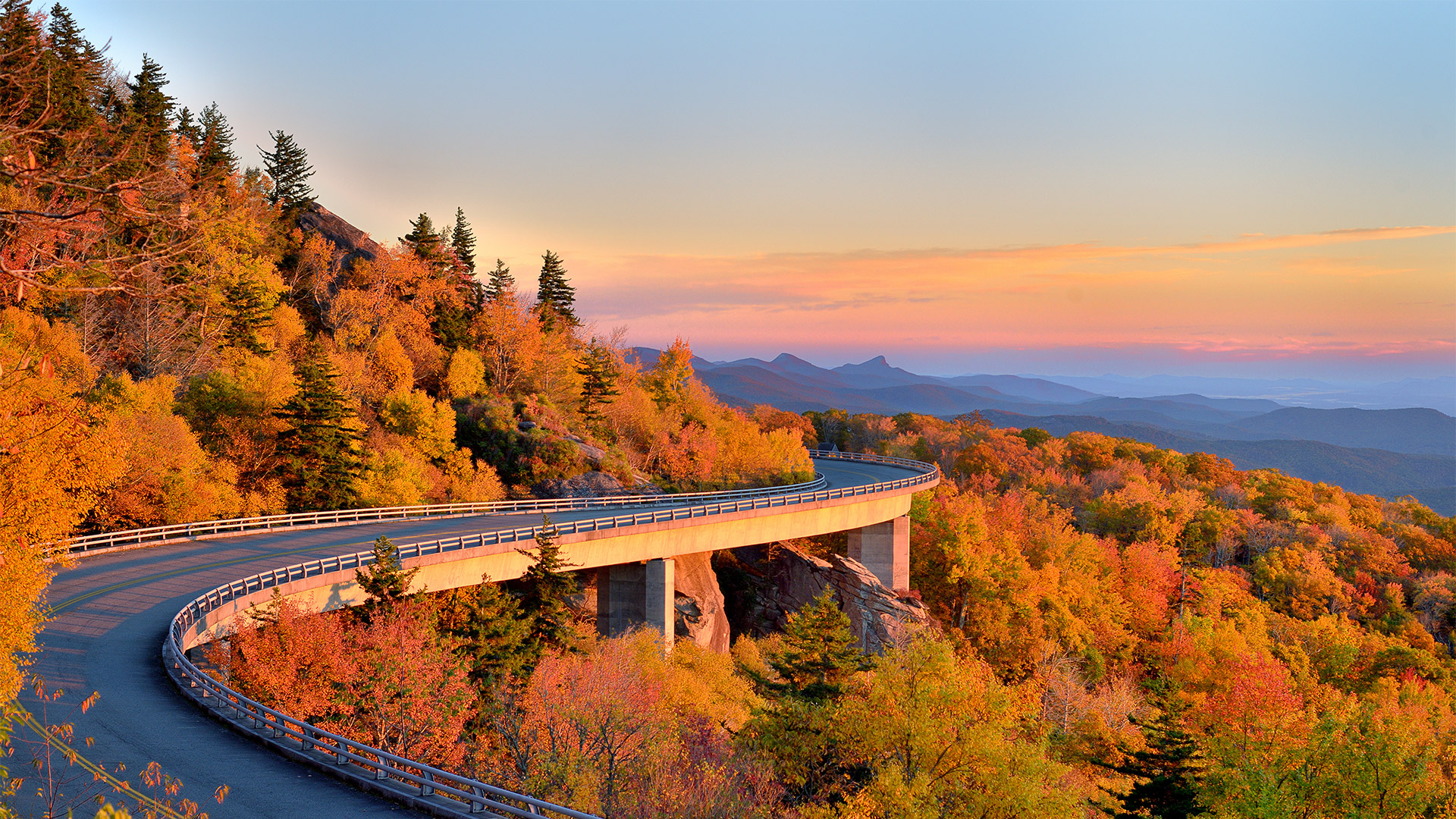 General 1920x1080 trees fall forest road bridge rocks mountains clouds sky hairpin turns