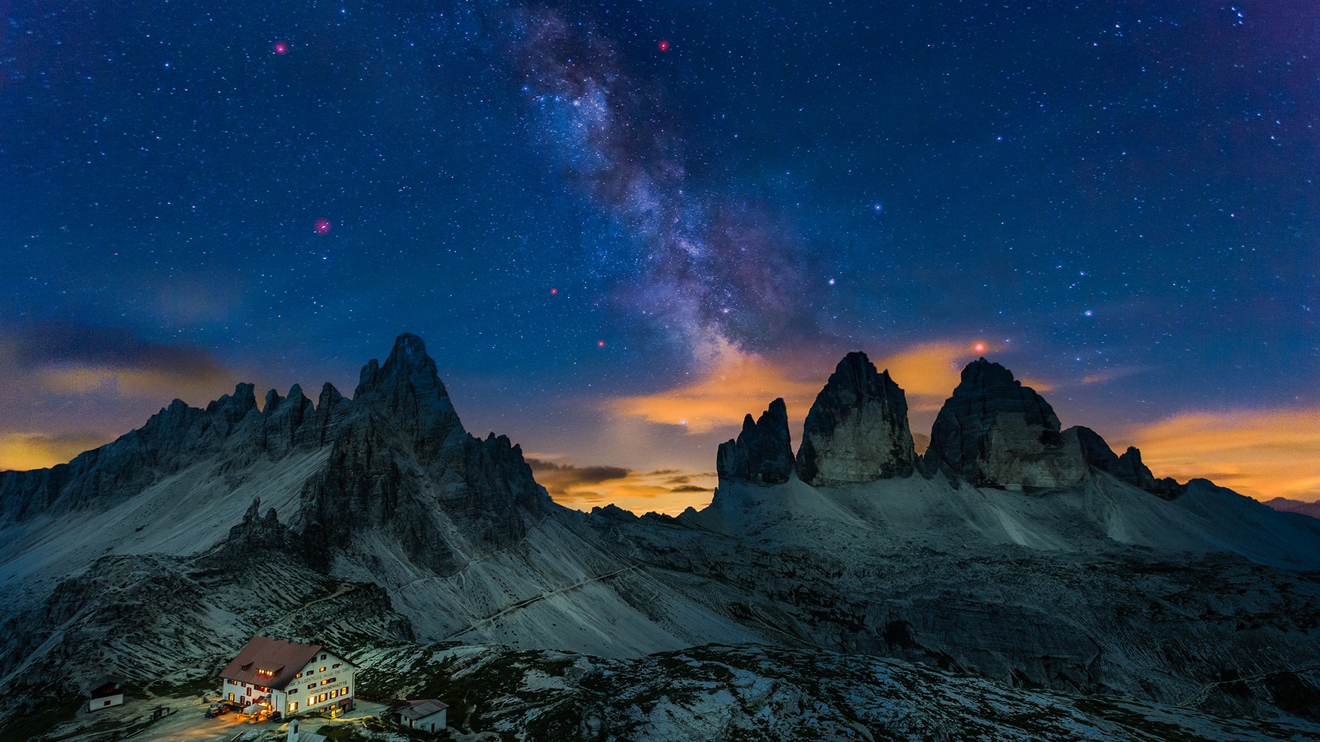 General 1920x1080 Milky Way stars Italy mountains snow house Dolomites