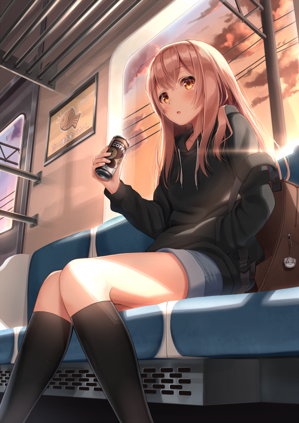 Anime 1000x1414 subway backpacks yellow eyes blushing open mouth looking at viewer socks long hair sky shorts low-angle sitting legs superpig (wlstjqdla)