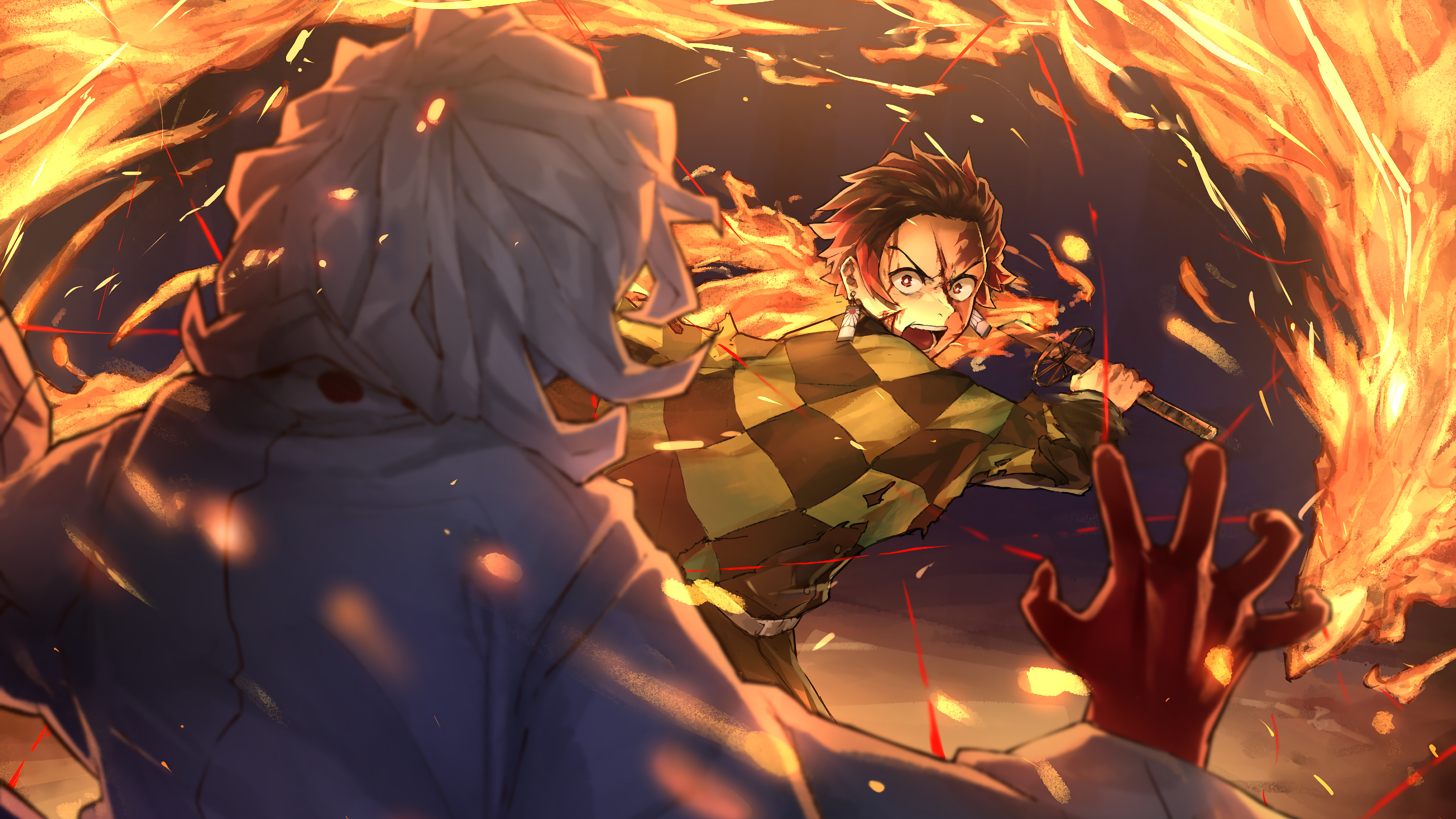 Anime 3840x2160 Kimetsu no Yaiba anime digital art artwork Kamado Tanjiro battle anime boys fire katana demon