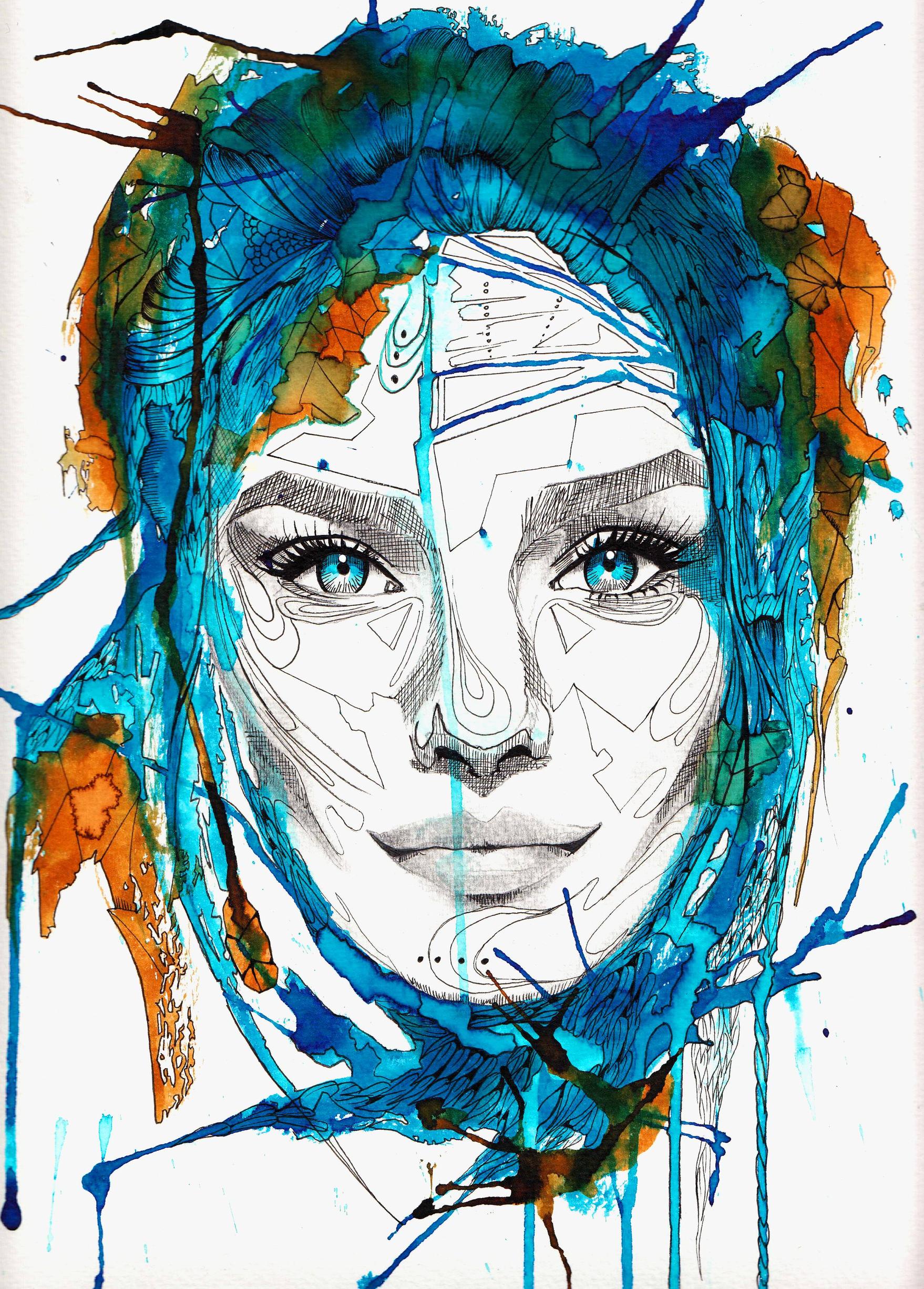 General 1758x2453 digital art artwork face portrait display Jessica Lee Buchanan watercolor blue eyes women model Martin Zucchini ink white background colorful frontal view