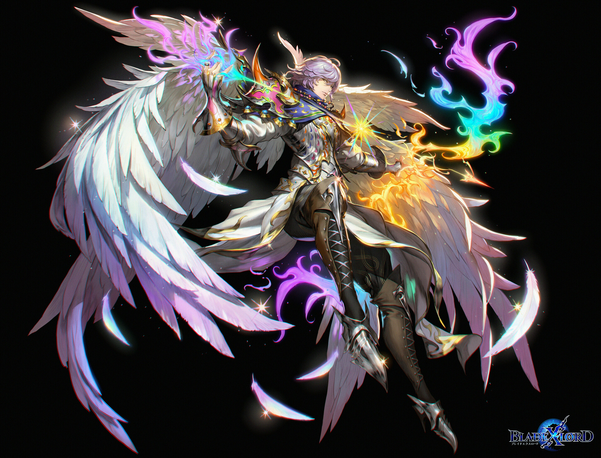 General 1920x1463 Bluezima drawing men angel wings feathers armor warrior magician spell colorful flying simple background black background