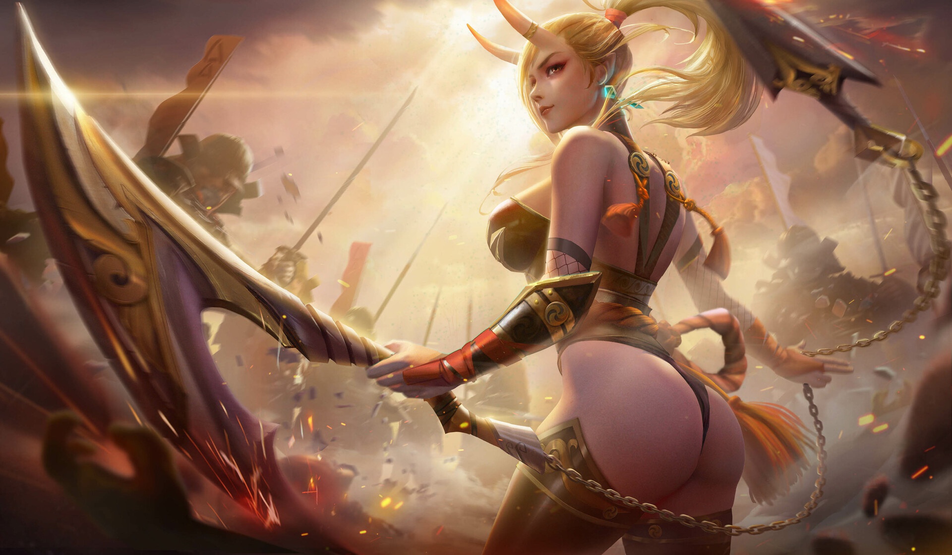 General 1920x1121 ass fantasy girl fantasy art warrior Yuan Yuan blonde big boobs horns scythe