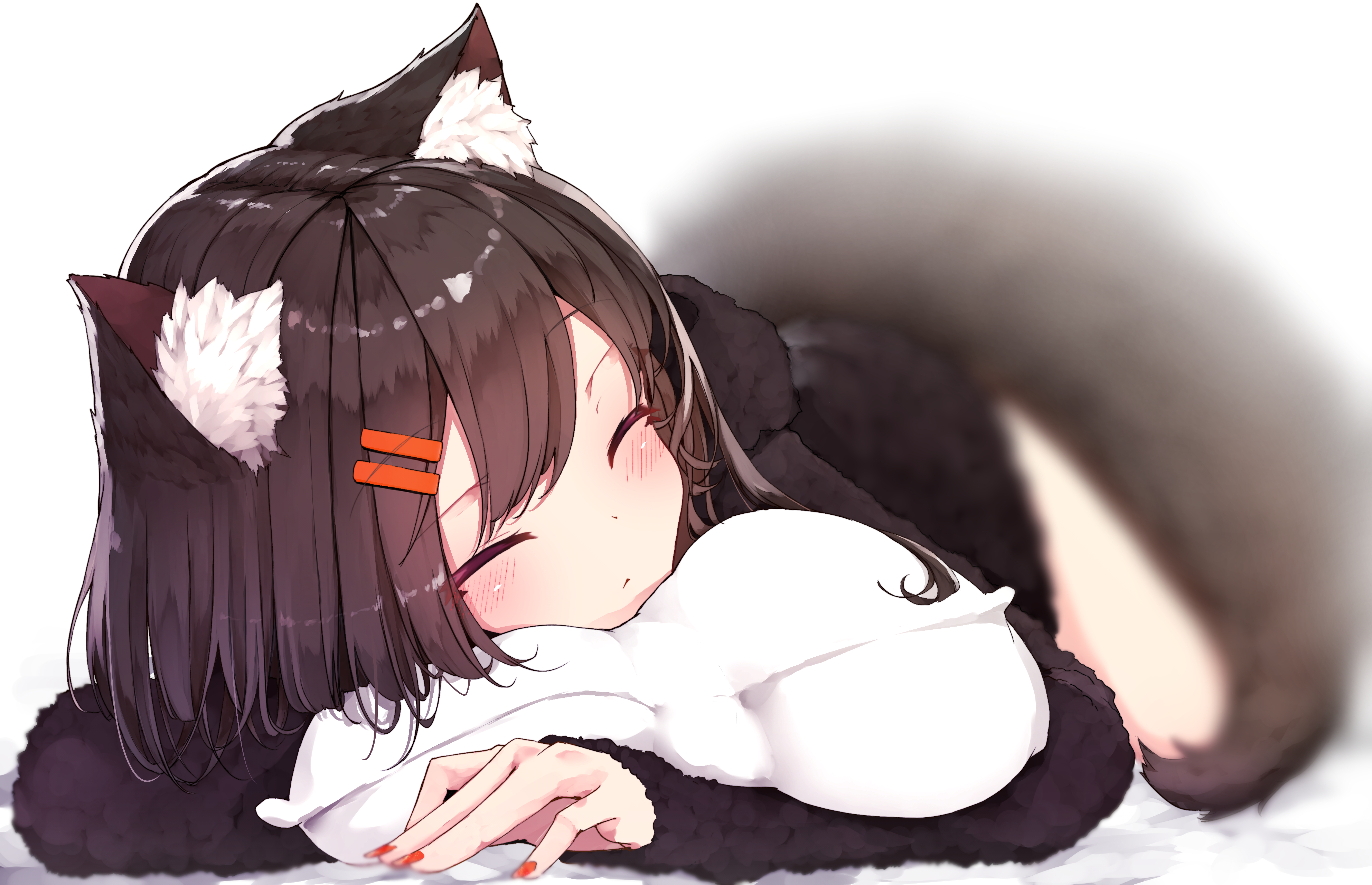 Anime 3970x2562 anime anime girls digital art artwork 2D portrait display Mayogii sleeping pillow pillow hug brunette animal ears fox girl tail blushing
