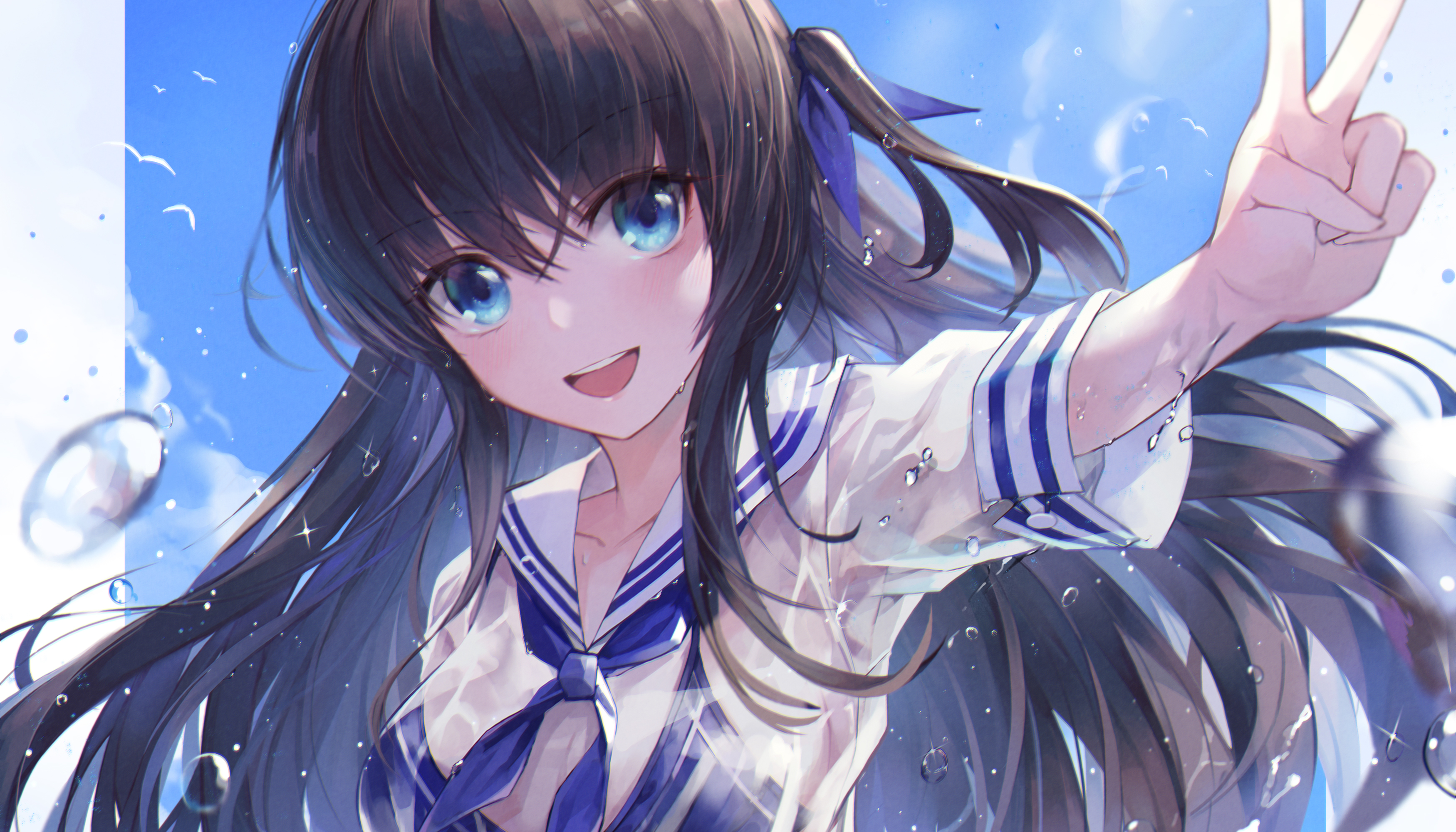 Anime 3500x2000 anime 2D digital art anime girls black hair blue eyes smiling school uniform wet see-through clothing CrystalHerb