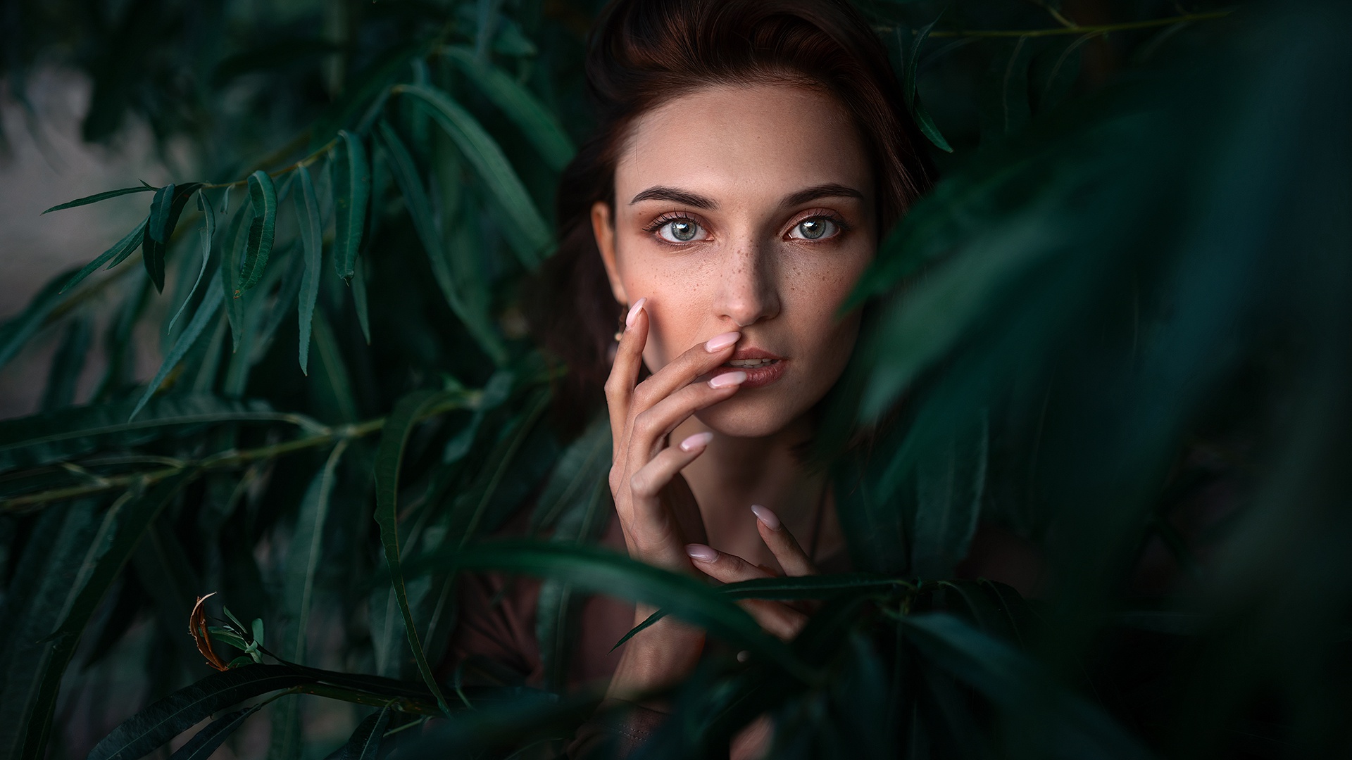 People 1920x1080 women face plants leaves model portrait Maxim Gustarev freckles touching face
