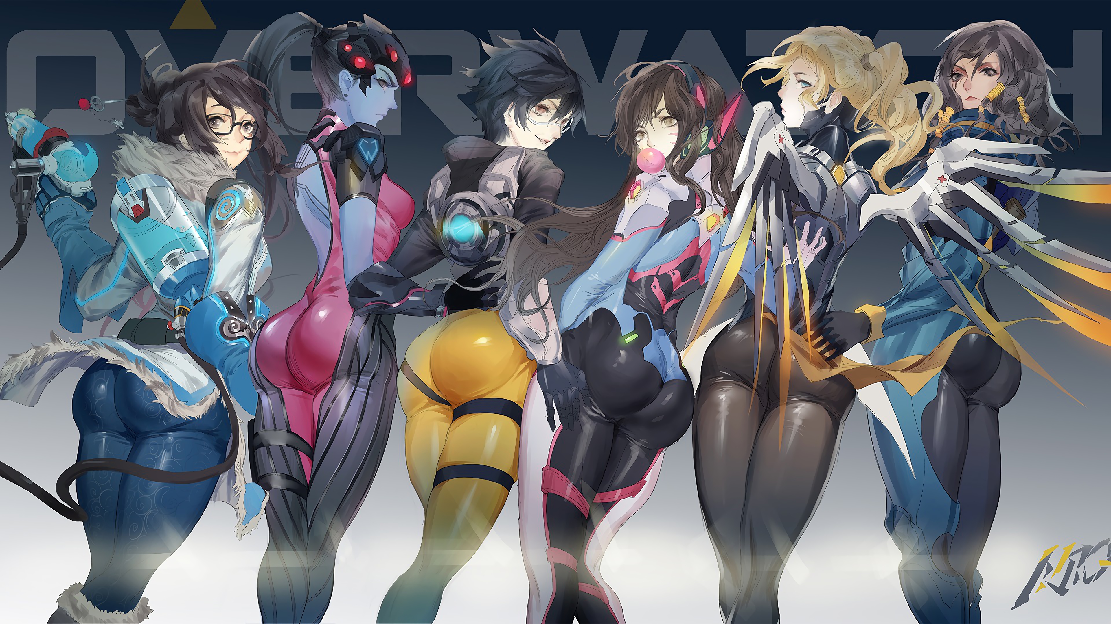 General 3840x2160 Overwatch group of women Mercy (Overwatch) D.Va (Overwatch) Widowmaker (Overwatch) Pharah (Overwatch) Tracer (Overwatch) group of asses Mei (Overwatch) line-up video game characters digital art watermarked video games
