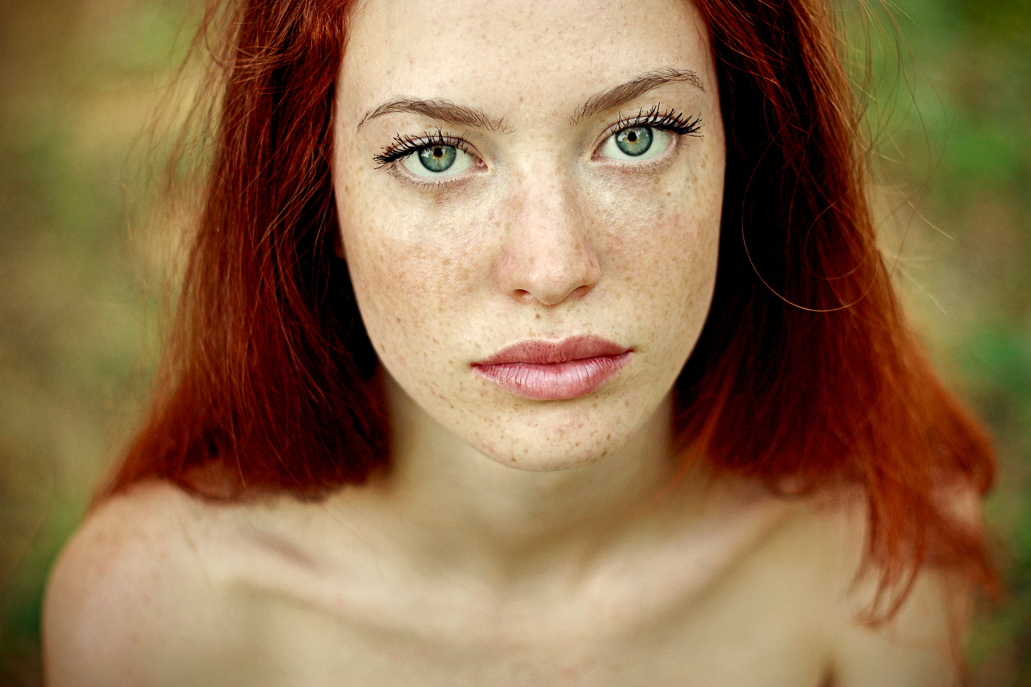 Women Model Redhead Bare Shoulders Blue Eyes Looking At Viewer Women Outdoors Closeup