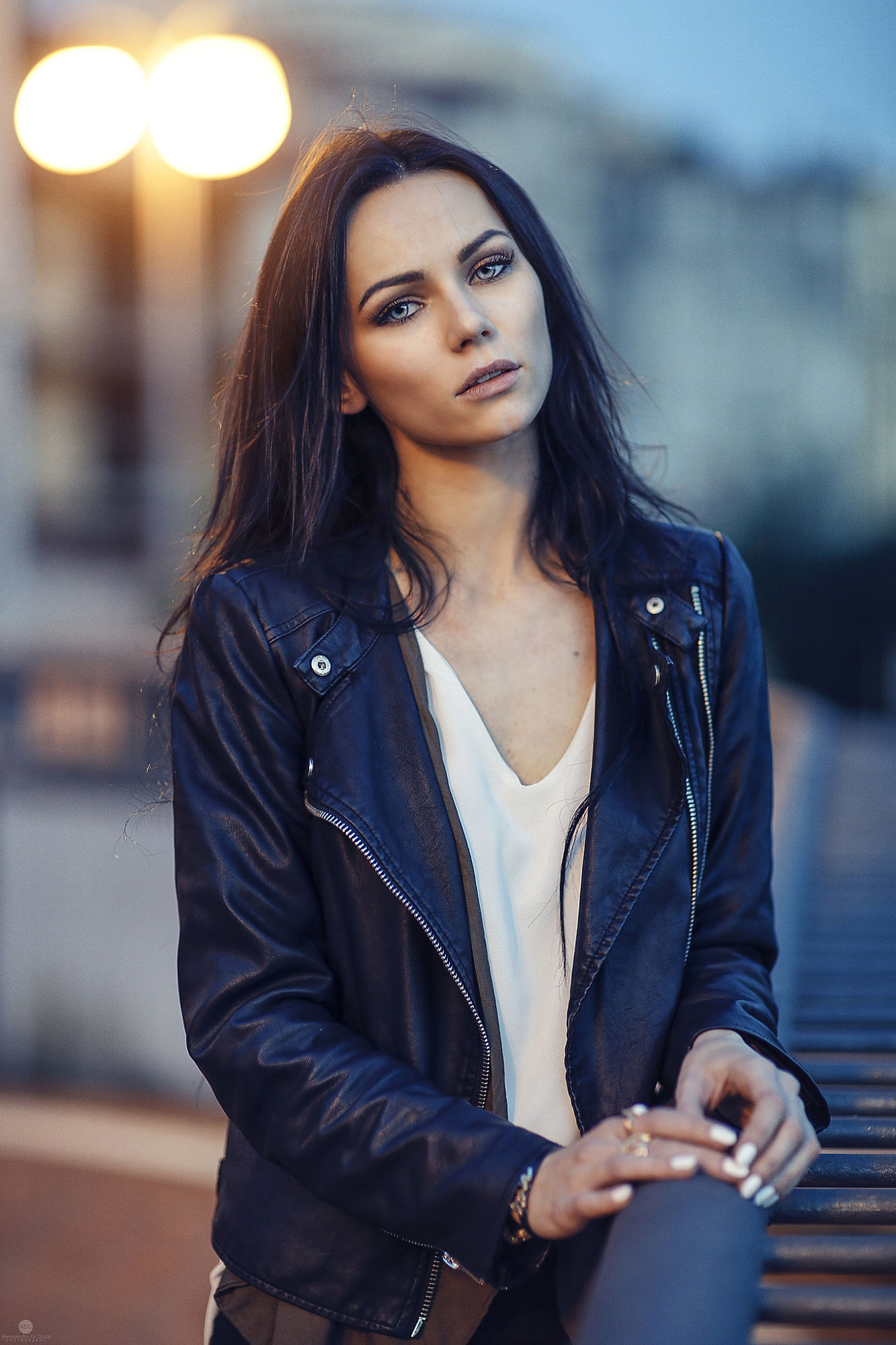 People 1333x2000 women dark hair long hair white shirt white clothing jacket leather portrait Alessandro Di Cicco leather jacket black jackets