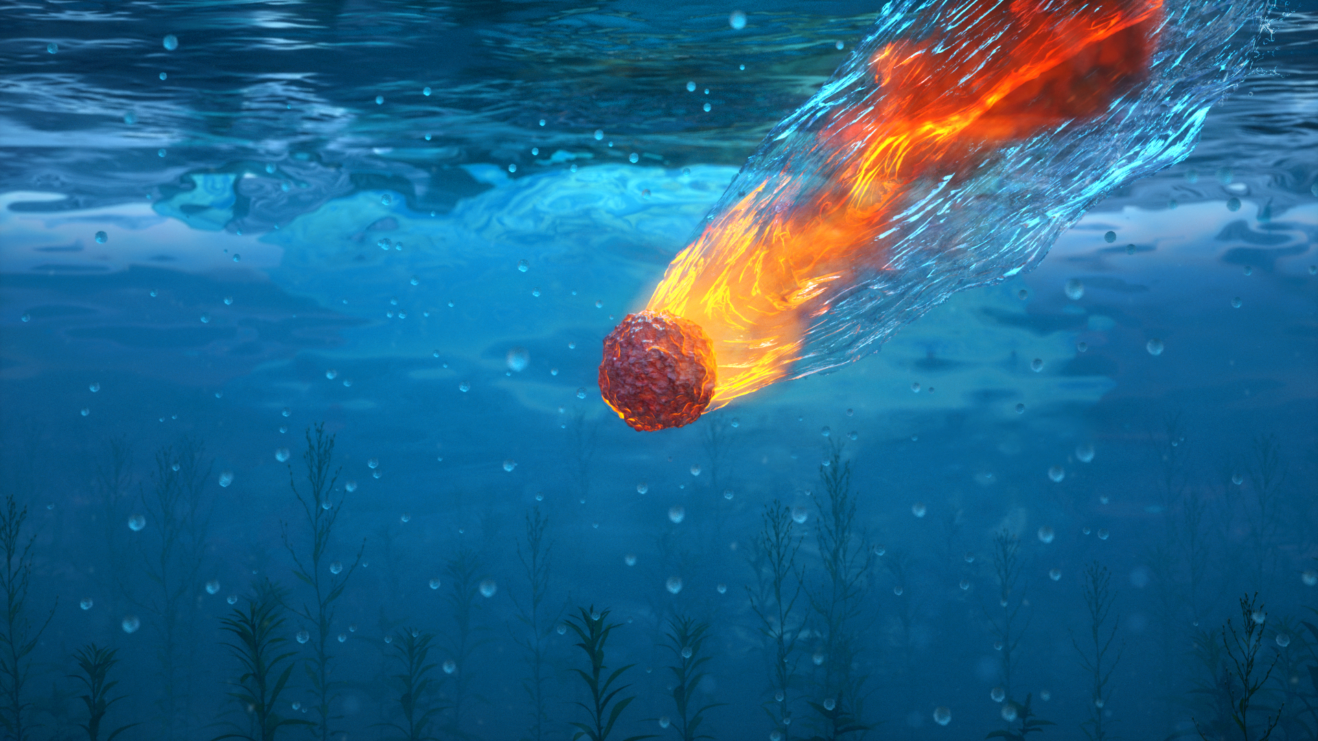 General 1920x1080 meteorite water water drops bubbles underwater growth fire smoke deep sea falling seaweed texture depth of field glowing digital art CGI Alex Agreto