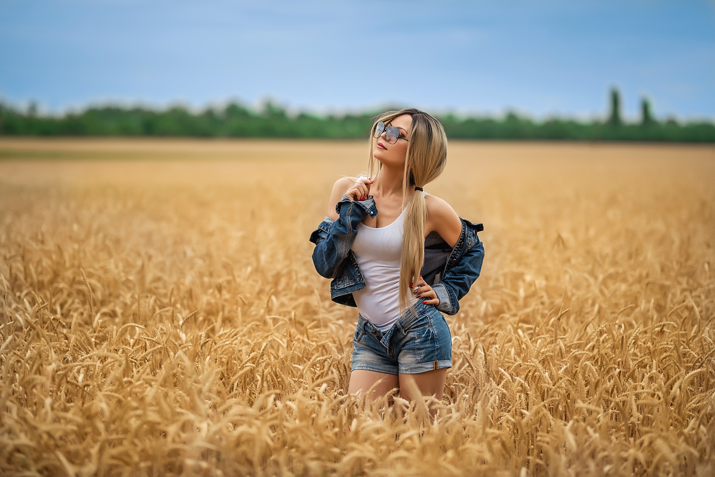 People 2500x1669 women model blonde long hair denim jacket white tops jean shorts denim sunglasses women with shades depth of field wheat field outdoors women outdoors Georgy Dyakov cleavage jacket painted nails profile twintails