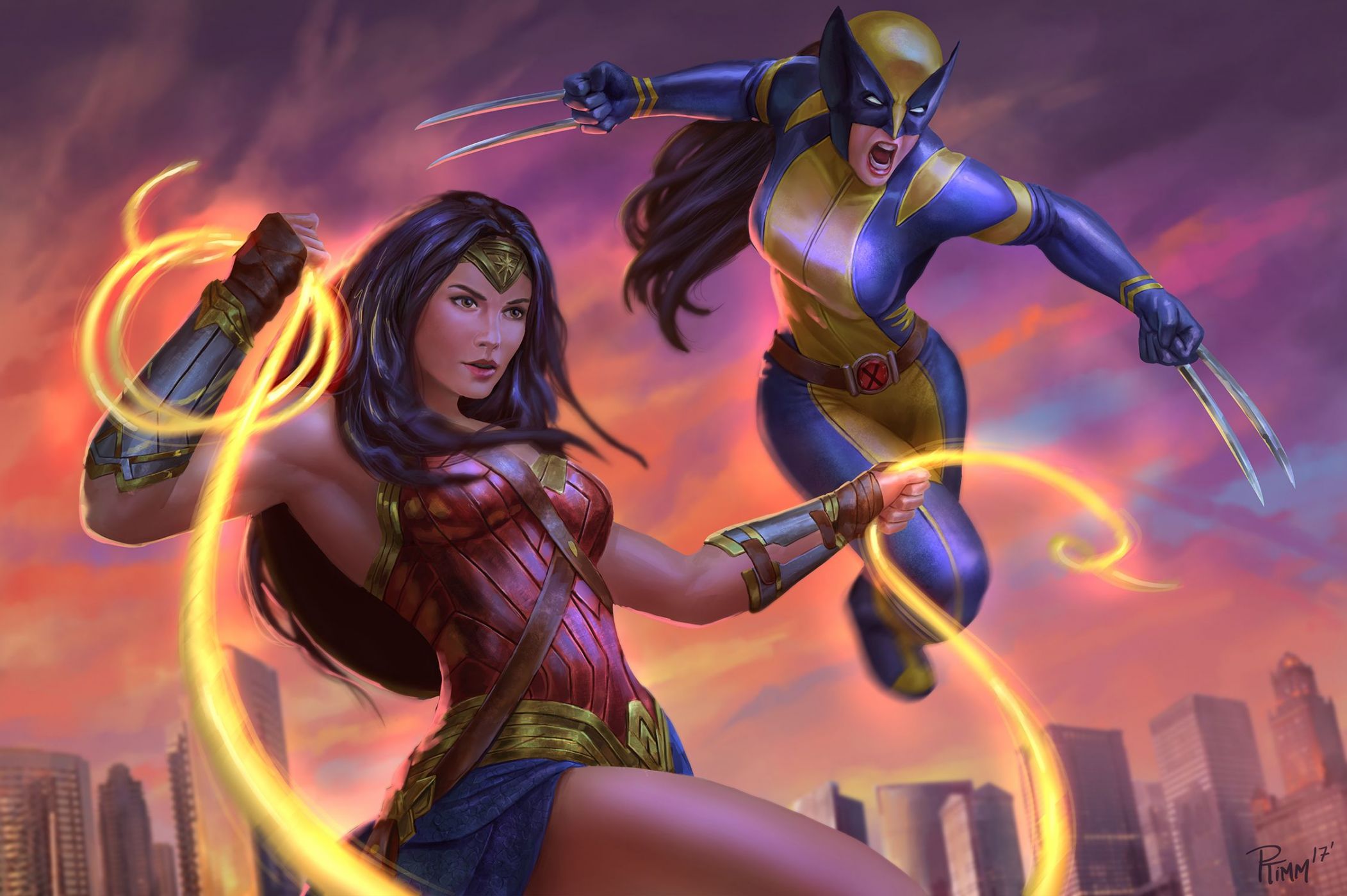 General 2103x1400 Wonder Woman crossover DC Comics Marvel Comics women artwork superheroines whips dark hair claws X-Men X-23 Wolverine Girl