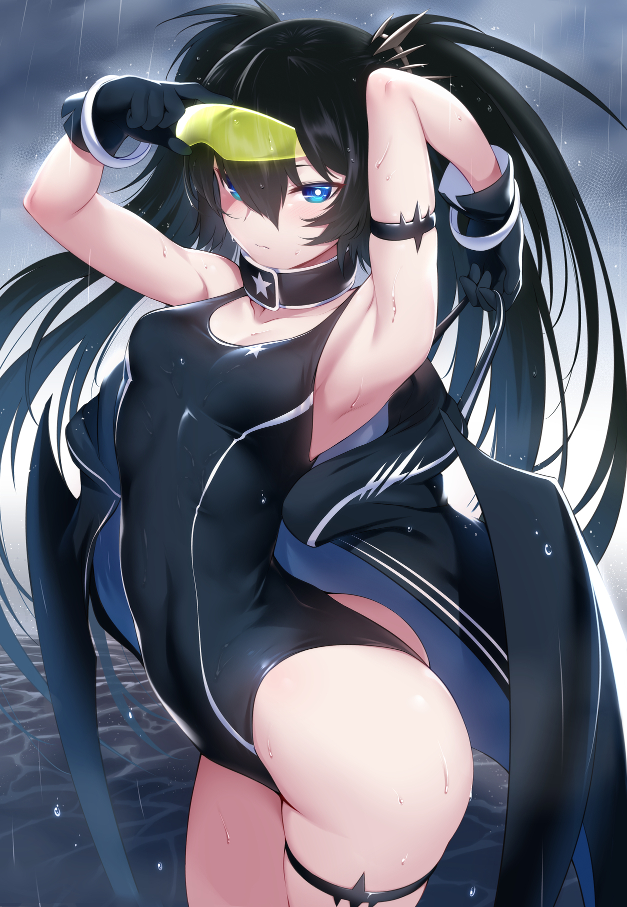 Anime 1254x1813 anime girls digital art Black Rock Shooter Rogia black hair twintails blue eyes gloves one-piece swimsuit